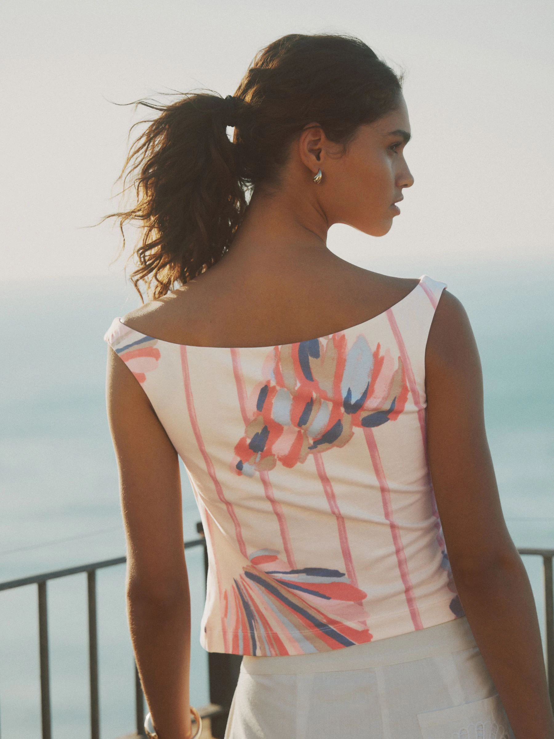 Cream Shell Print Open Neck Vest