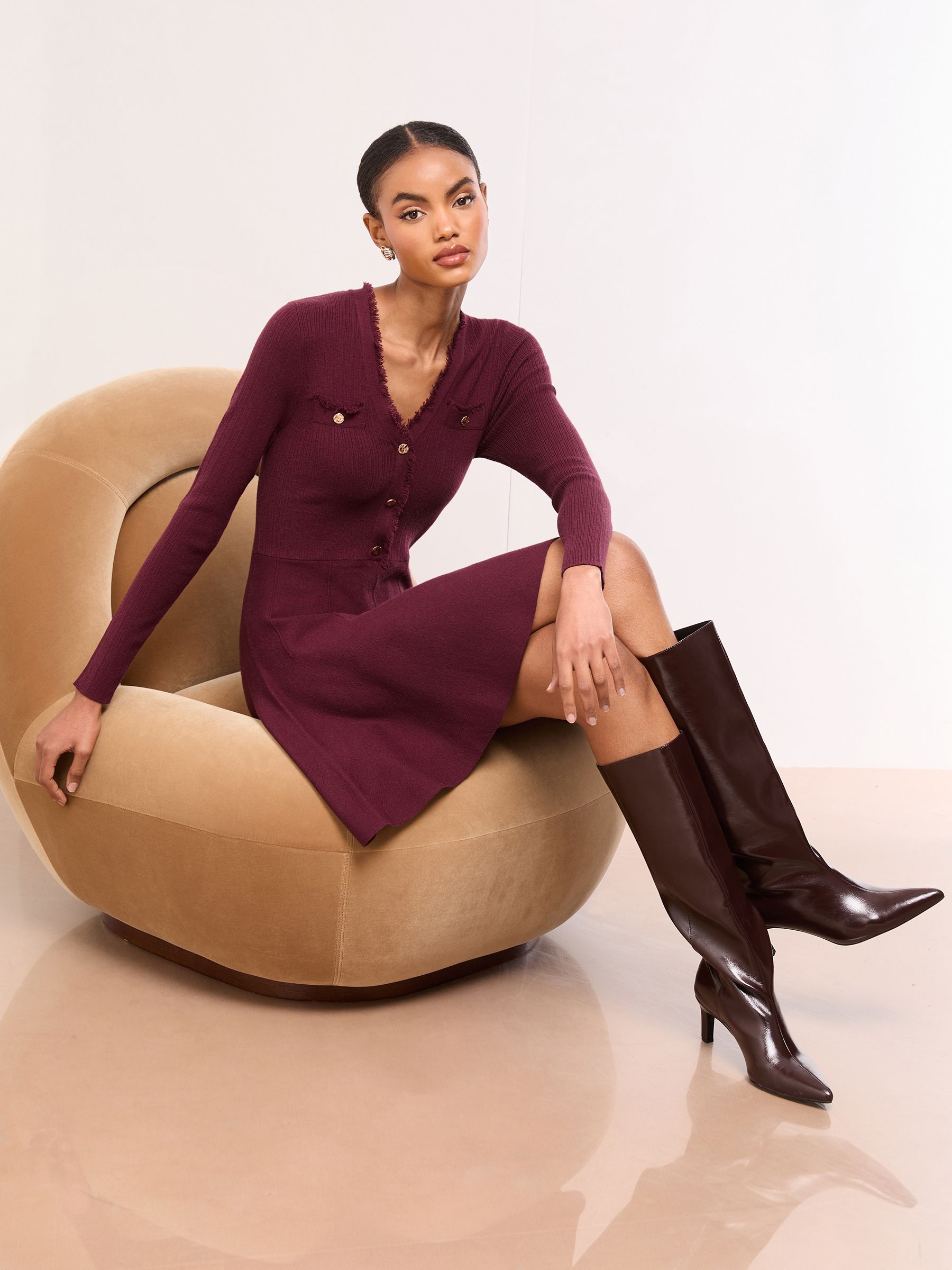 Lipsy Berry Red Fringe Buttoned V-Neck Long Sleeve Mini Knitted Dress