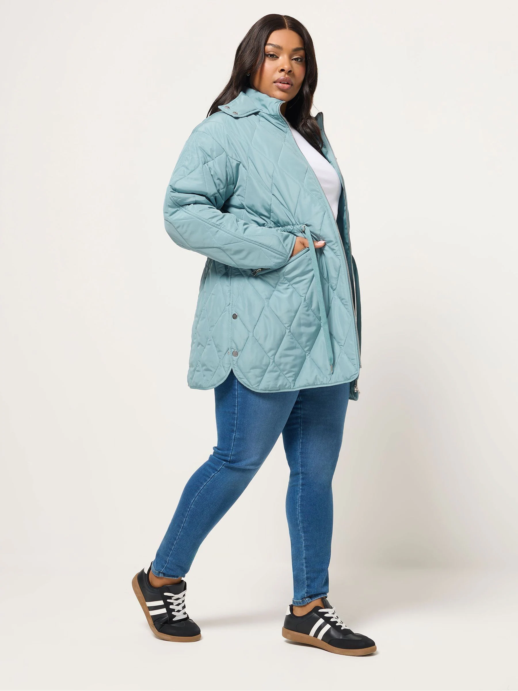 Yours Curve Blue Lightweight Diamond Quilted Midi Jacket