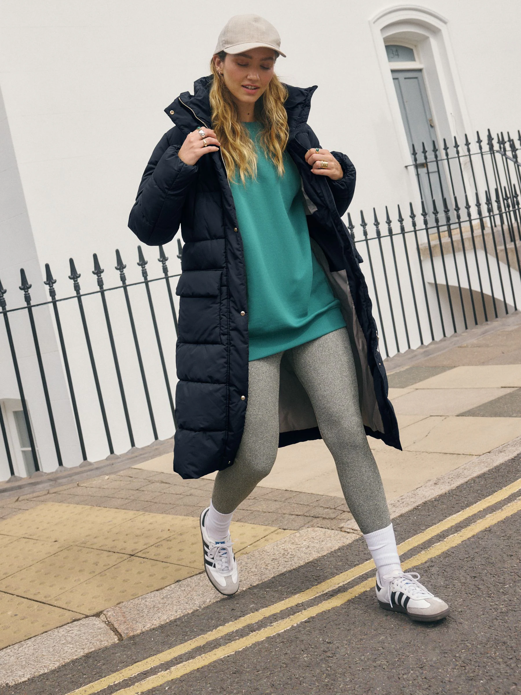 Navy Blue Shower Resistant Padded Hooded Longline Coat