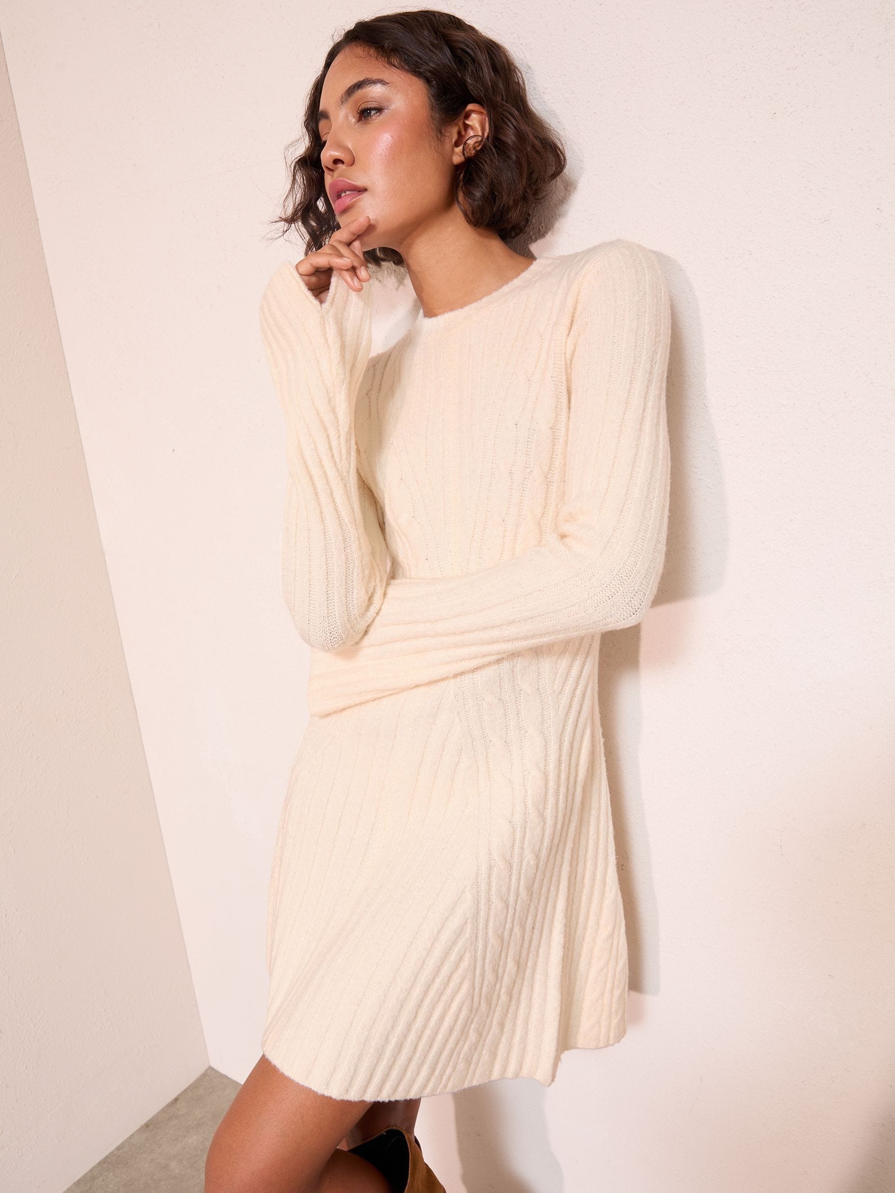 Friends Like These Ivory Rib Detail Long Sleeve Mini Dress
