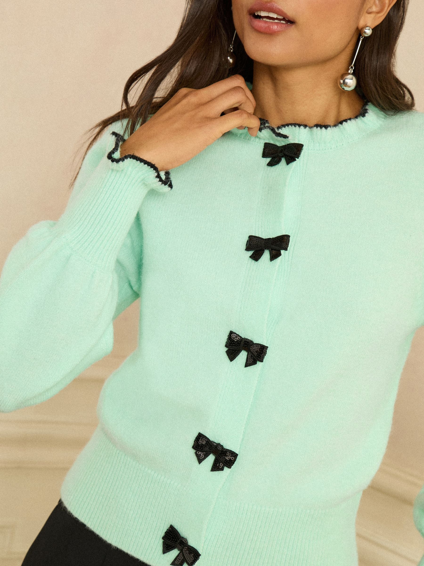 Love & Roses Mint Green Bow Detail Knitted Cardigan