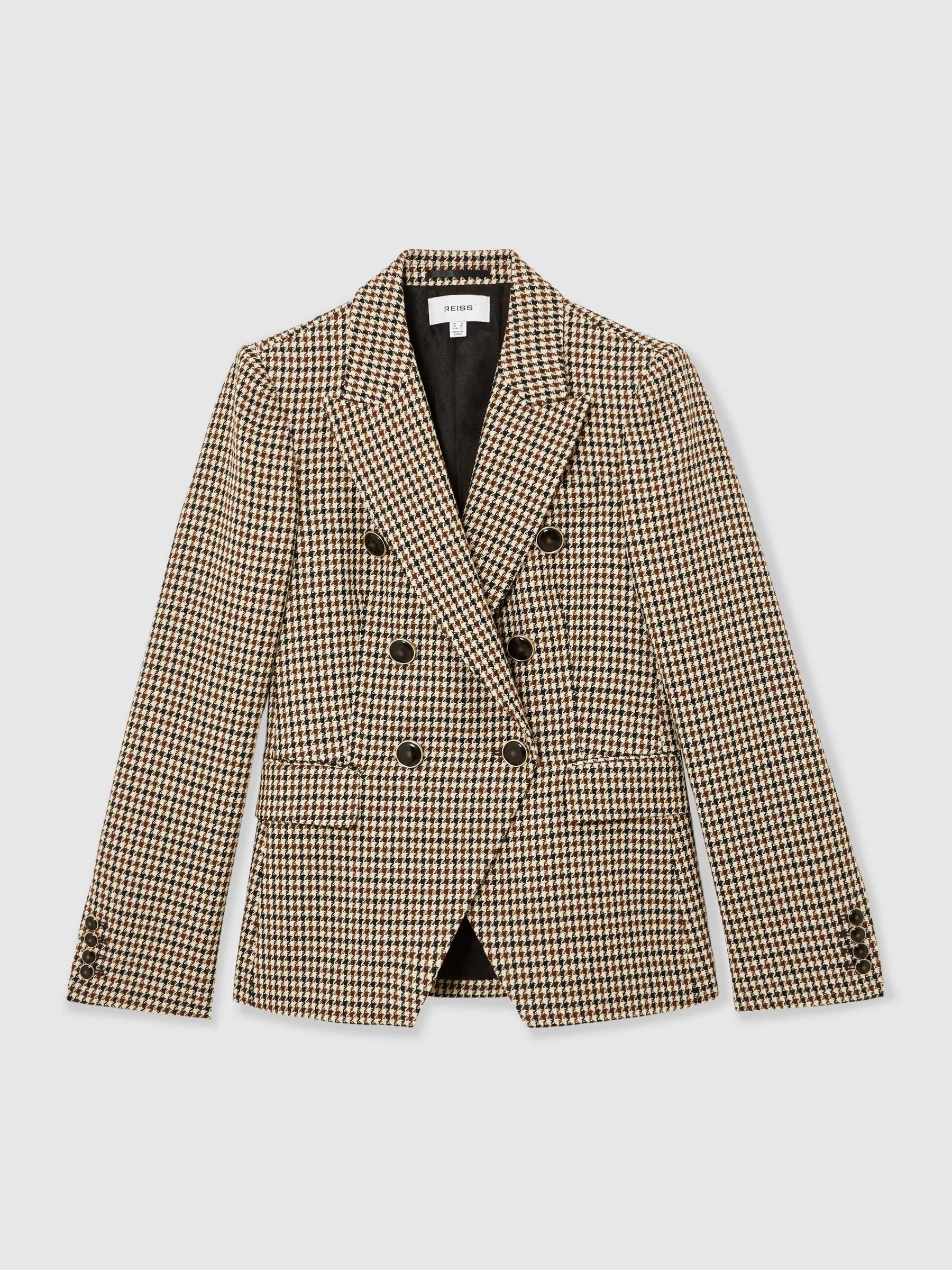 Reiss Neutral Check Hartley Petite Wool-Blend Double-Breasted Check Blazer