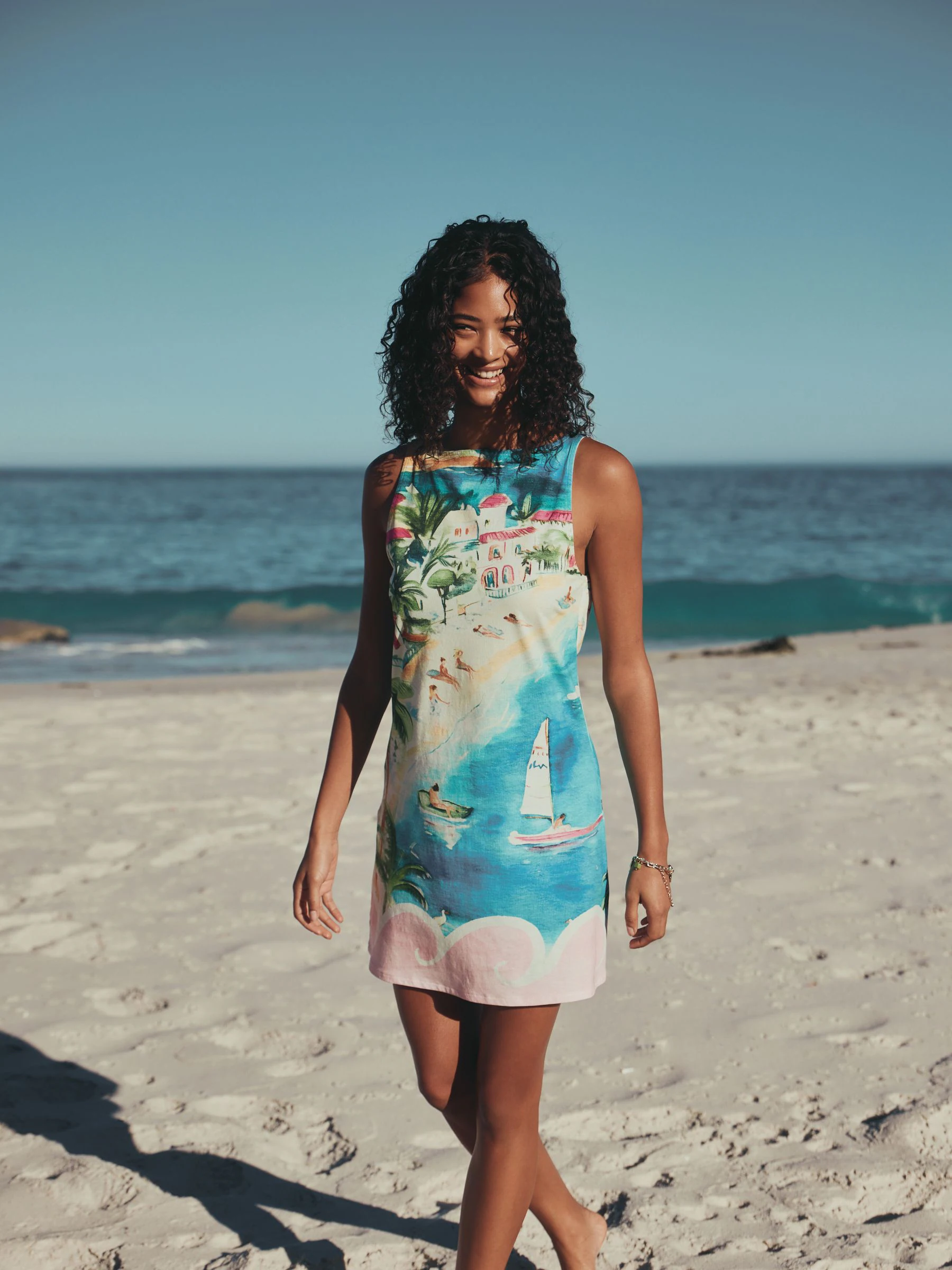 Blue/Pink Scenic Print Jersey Shift Dress