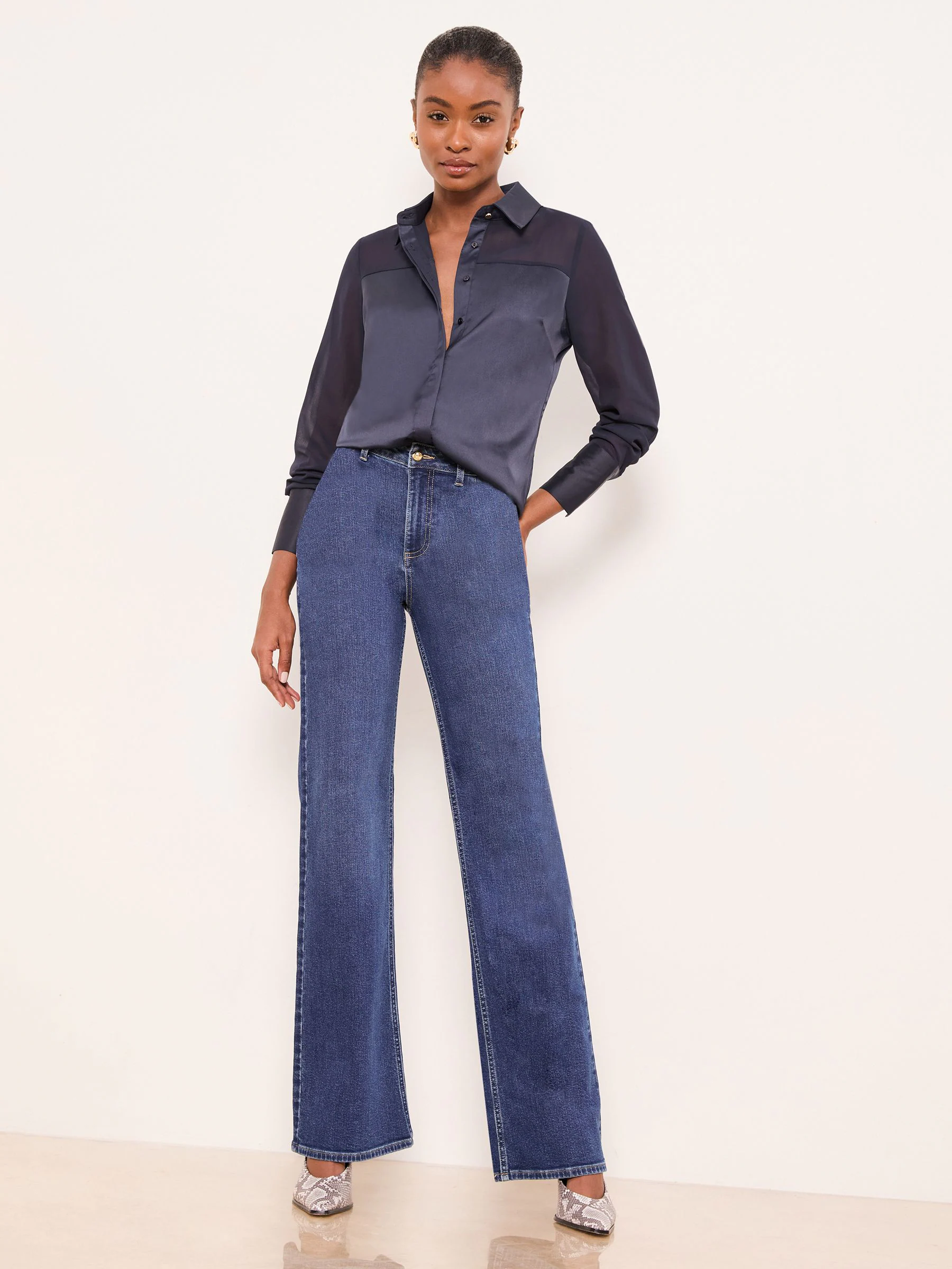 Lipsy Navy Blue Long Sleeve Satin Chiffon Mix Shirt