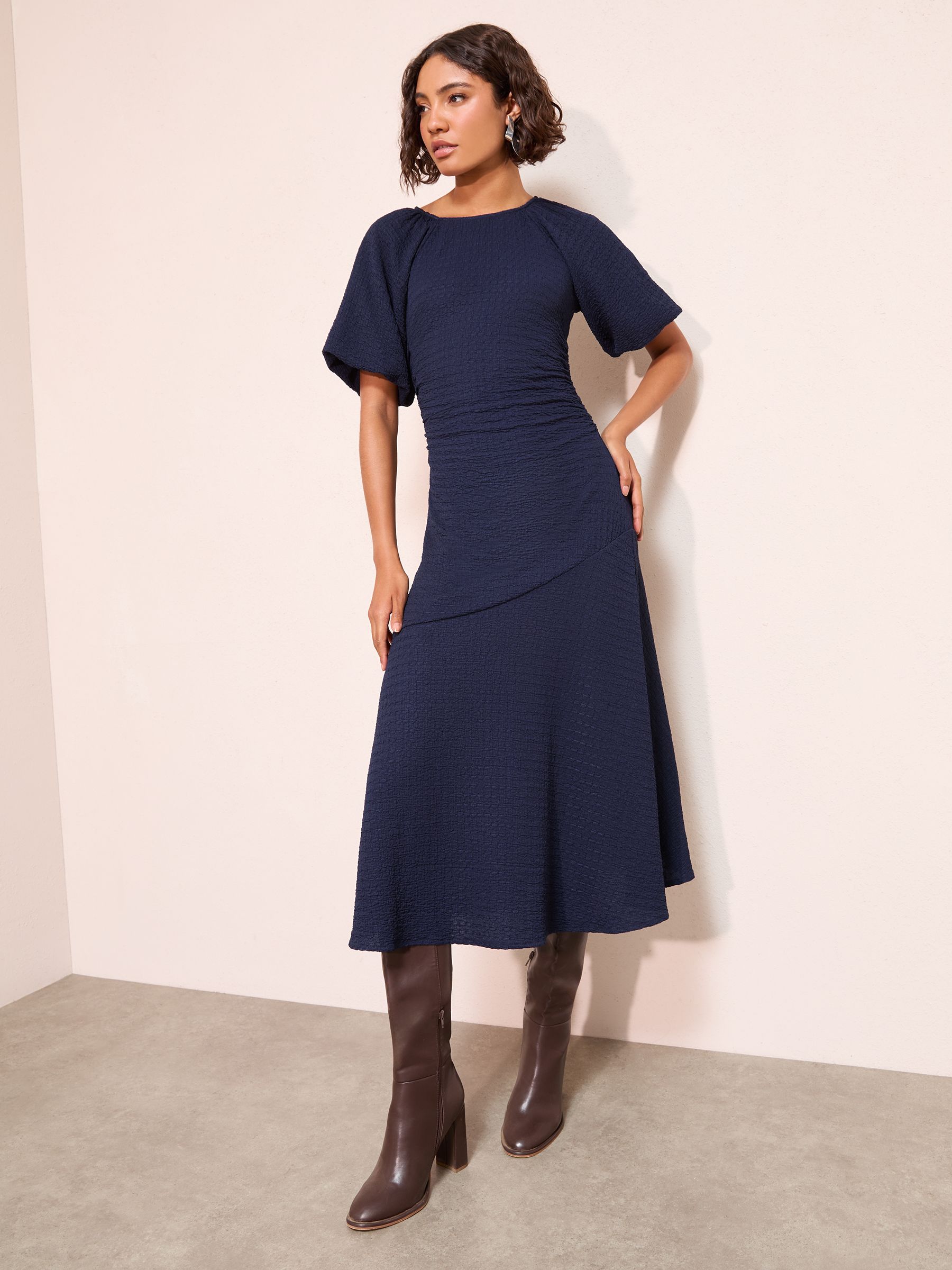Friends Like These Navy Textured Balloon Sleeve Midi Dress