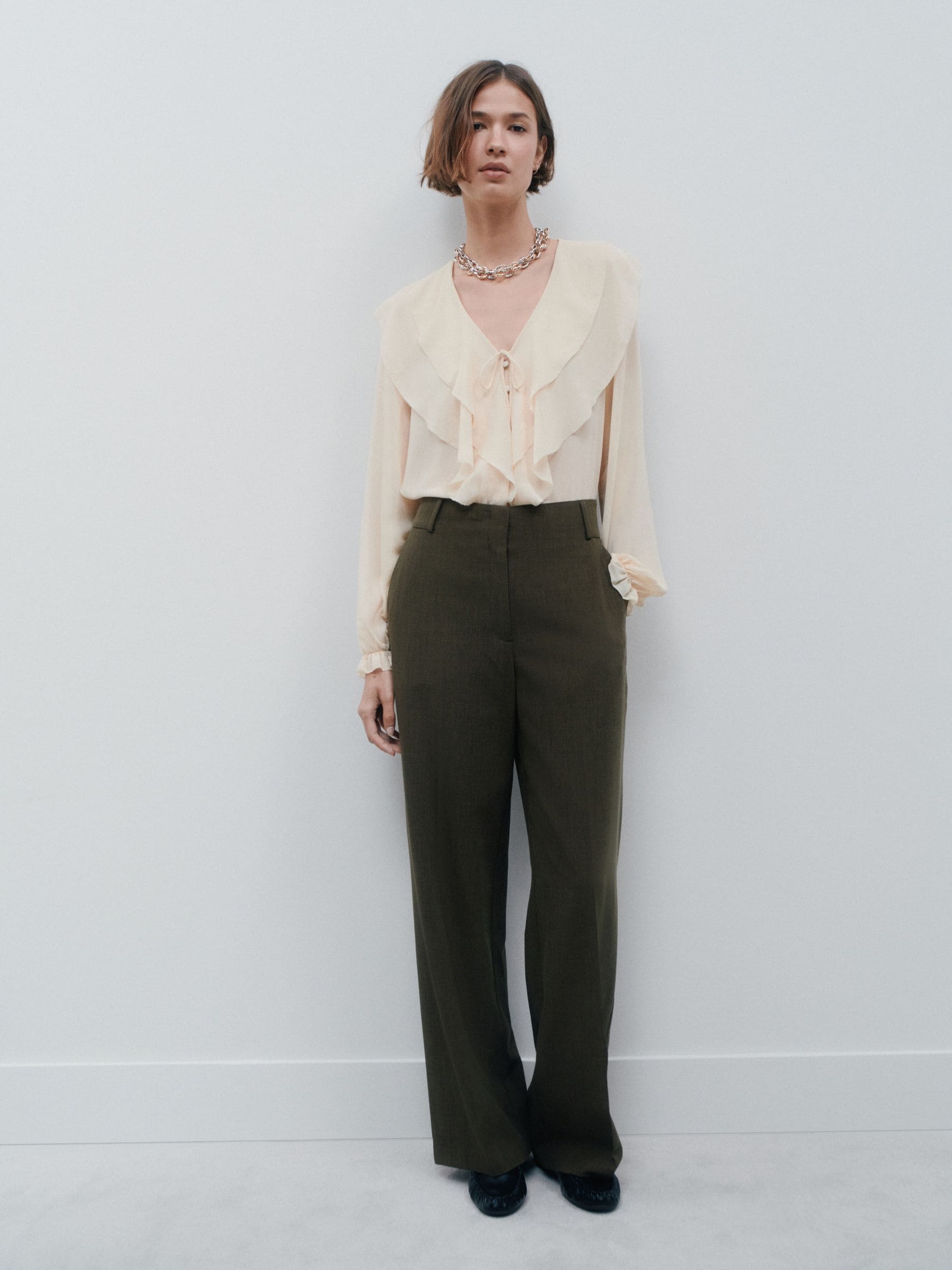 Khaki Green Crosshatch Elastic Waist Wide Leg Trousers