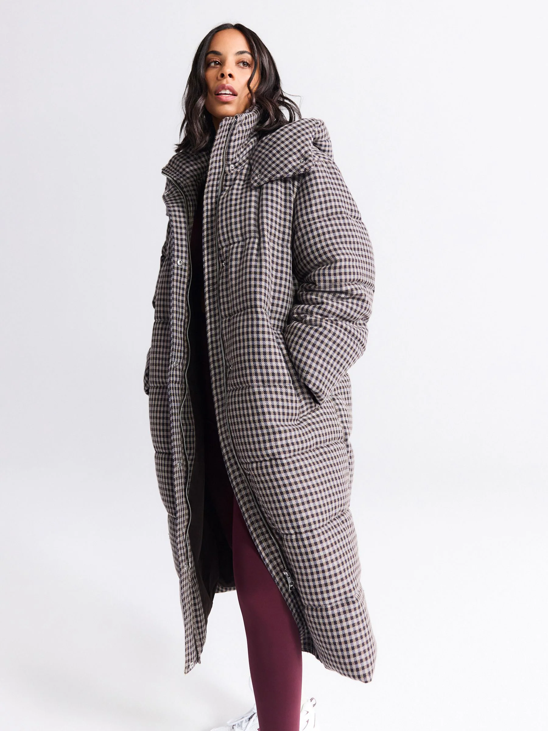Chocolate Brown Long Padded Check Longline Coat