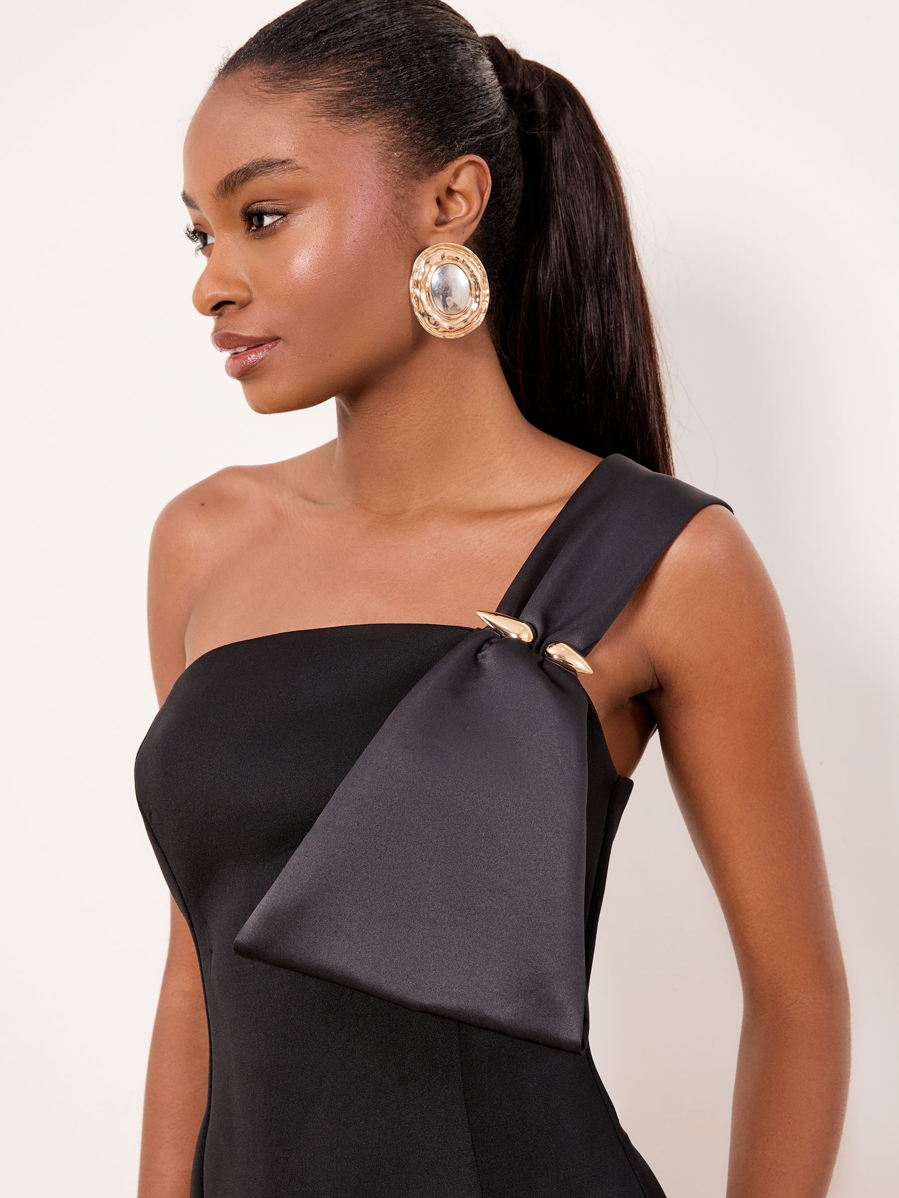 Lipsy Black One Shoulder Asym Bow Bodycon Midi Dress
