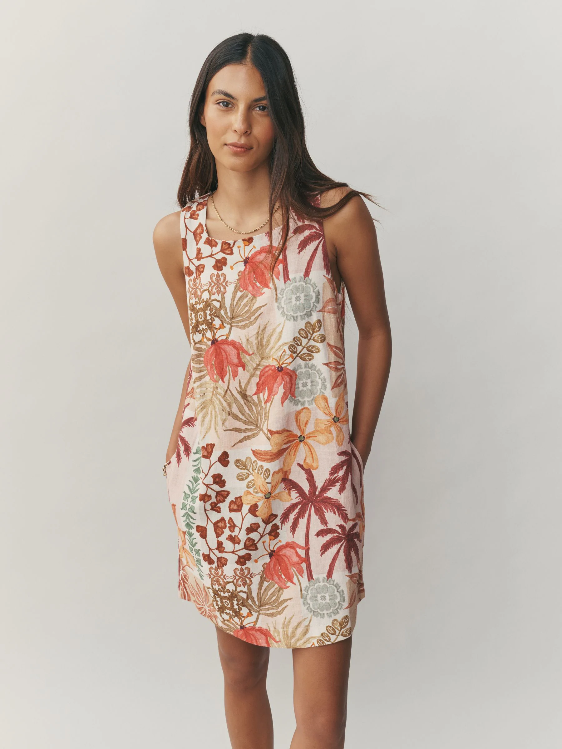 Palm Print/Blue Linen Rich Square Neck Shift Mini Dress 2 Pack