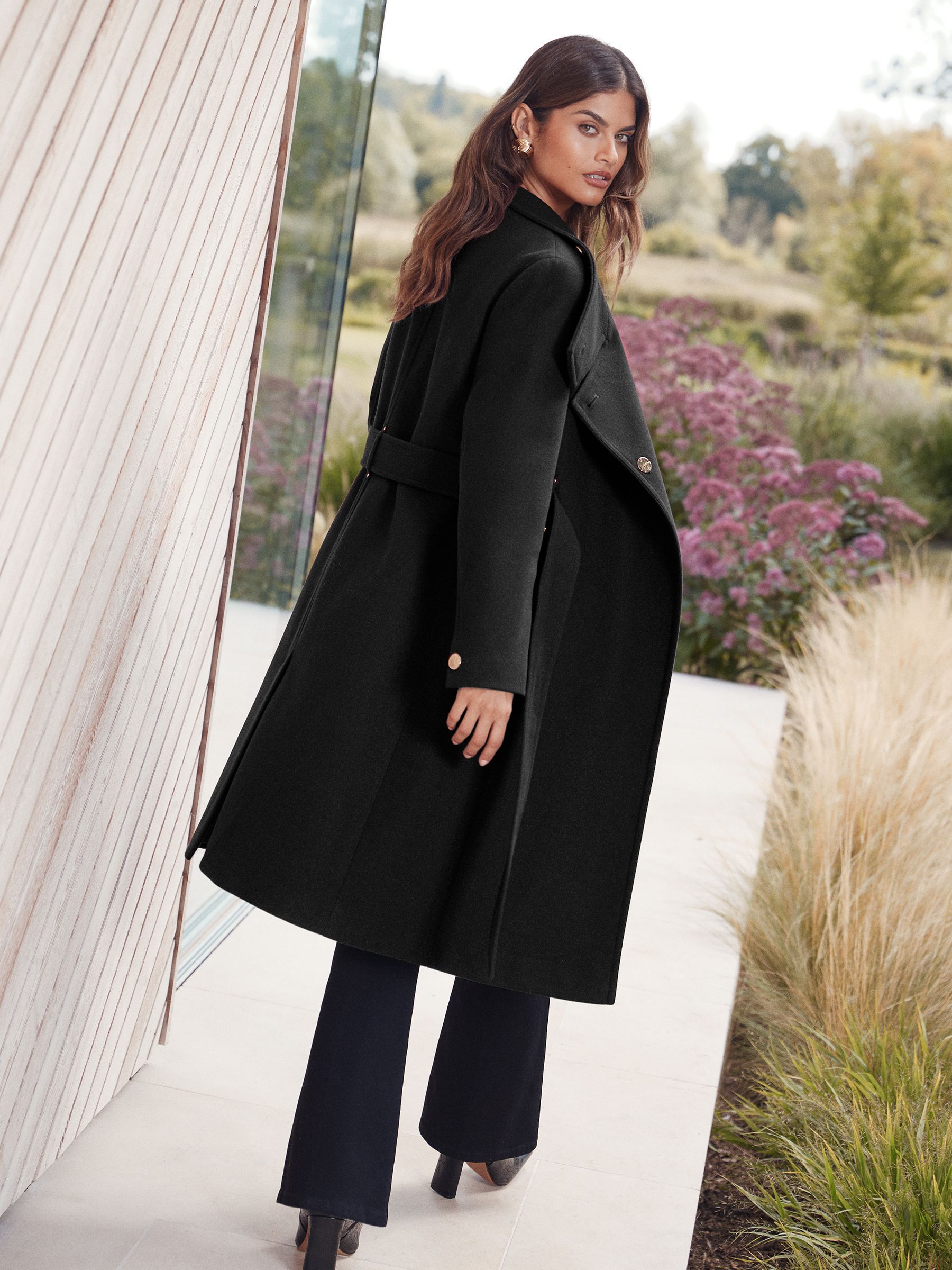 Lipsy Black Asymmetrical Funnel Neck Belted Coat