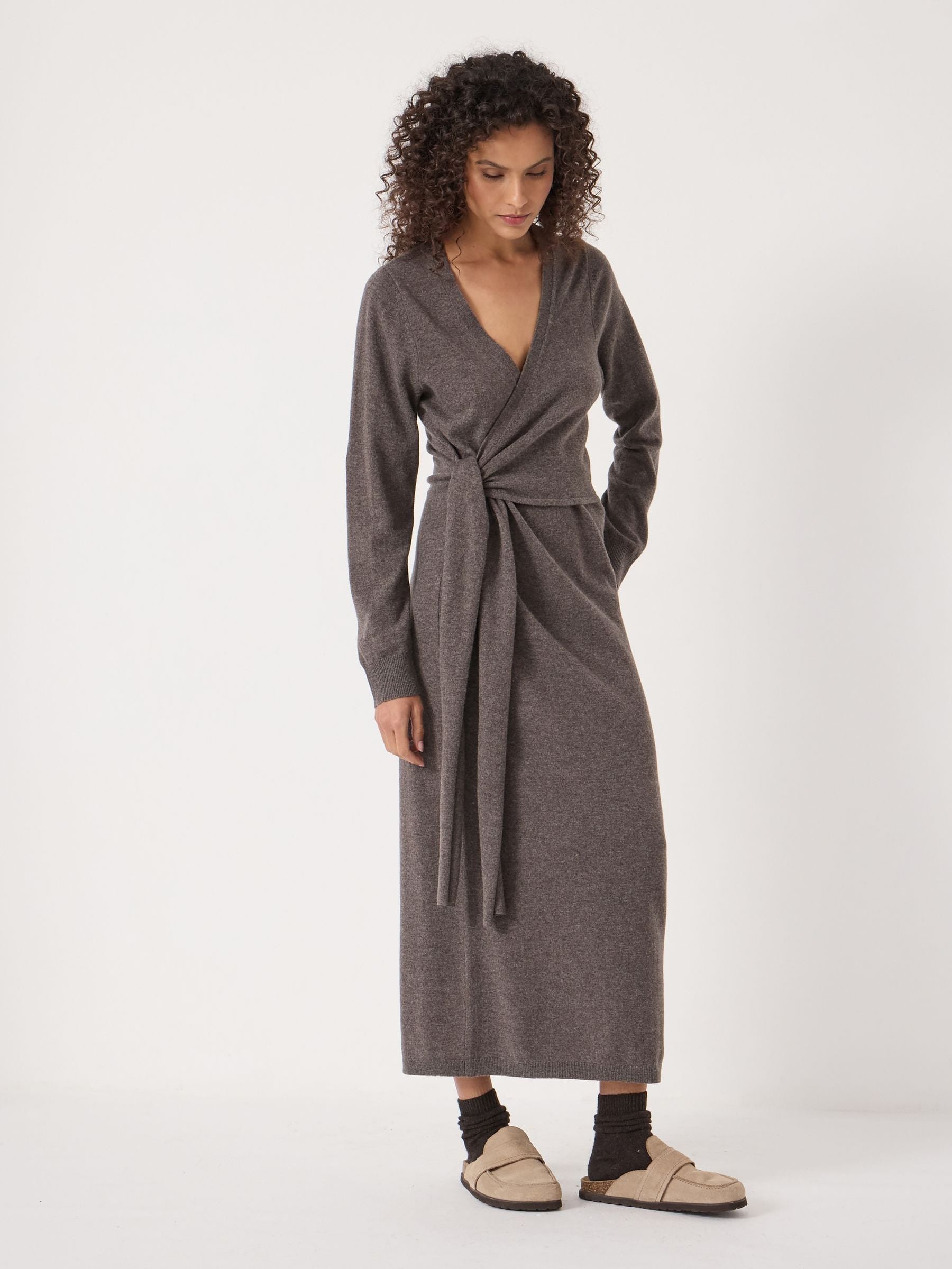 Hush Brown Merino V-Neck Tie Detail Dress