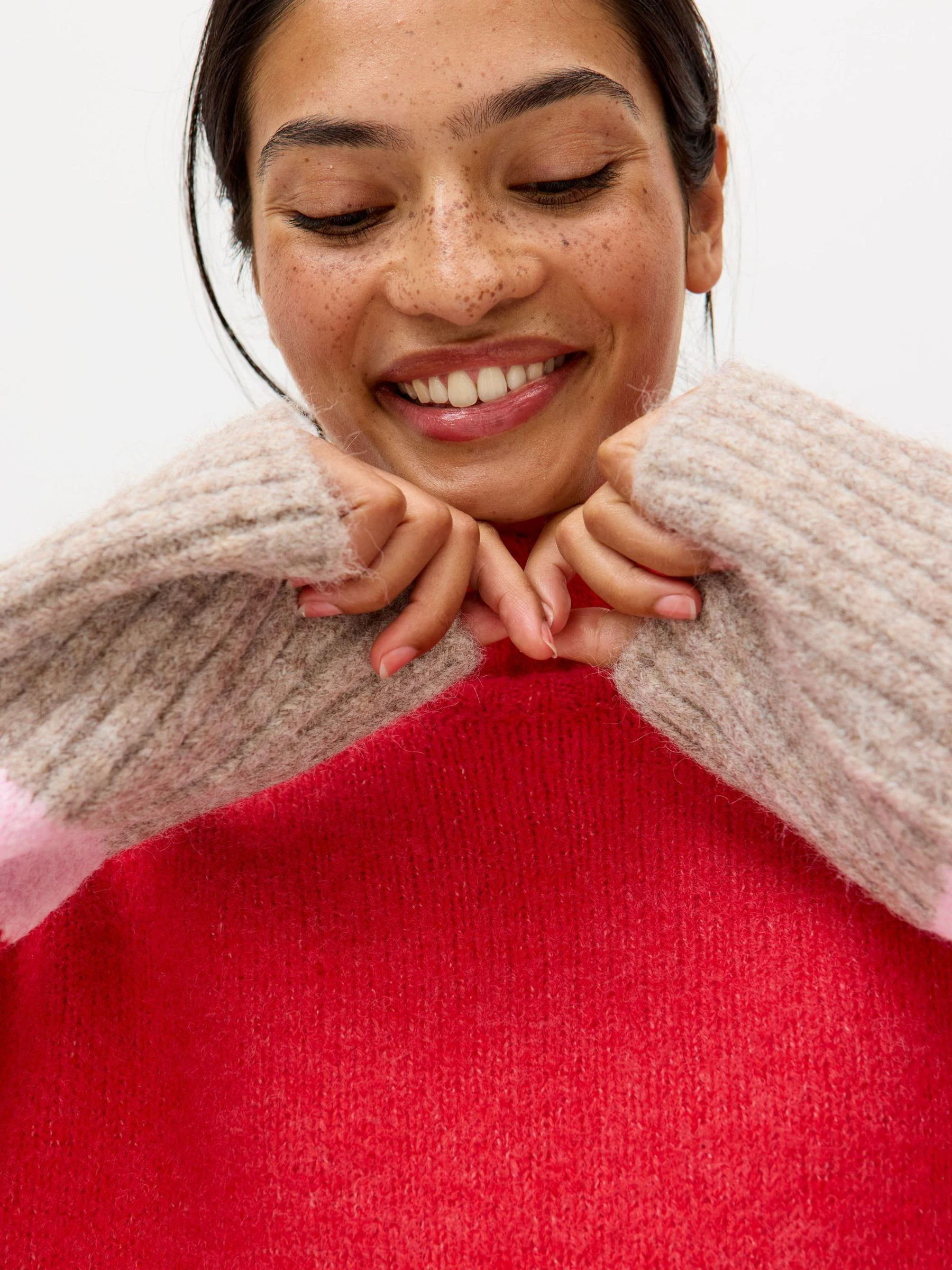 Oliver Bonas Red Block Funnel Neck Knitted Jumper