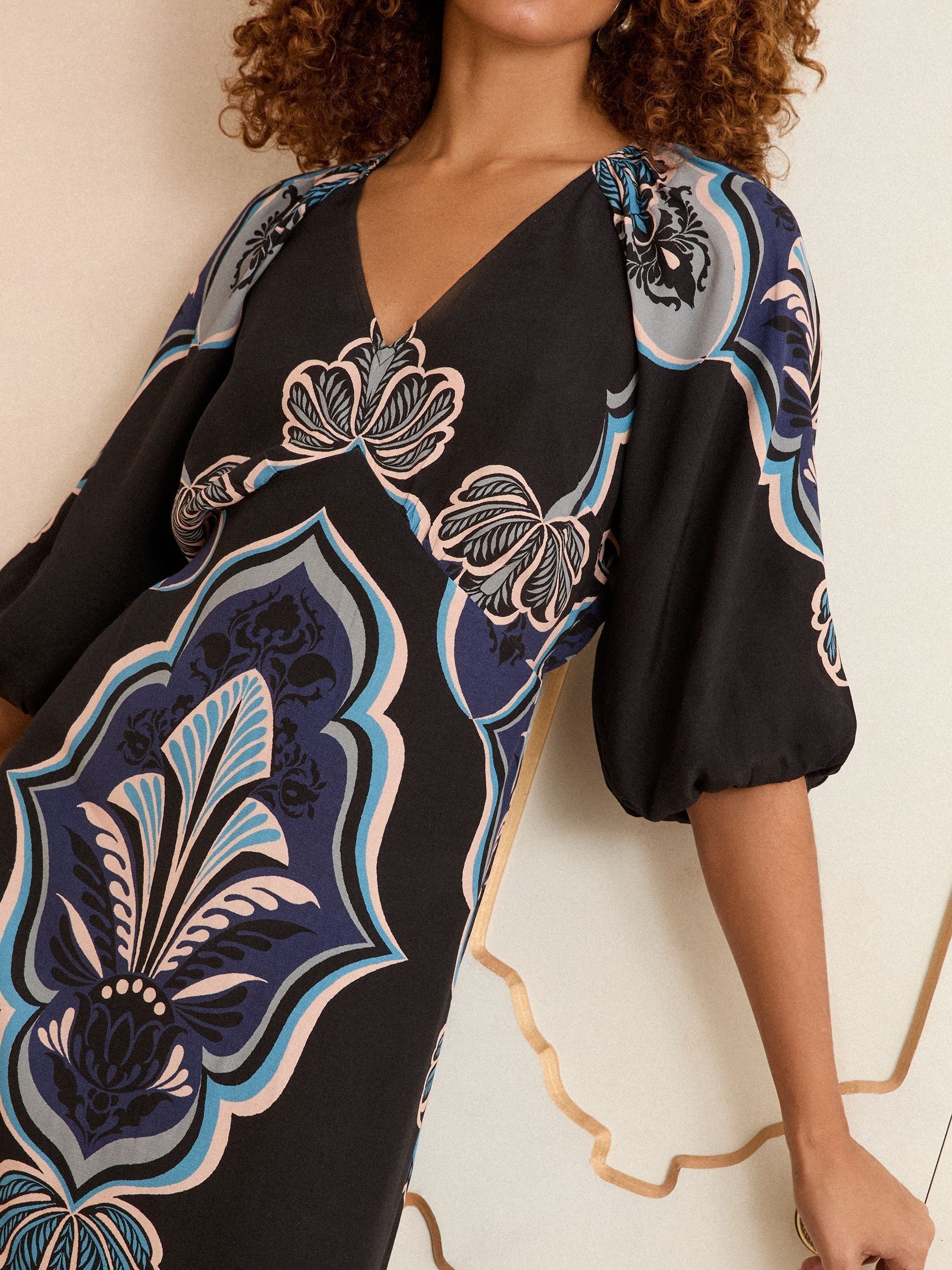 Love & Roses Black Bohem Printed V-Neck Puff Sleeve Midi Dress