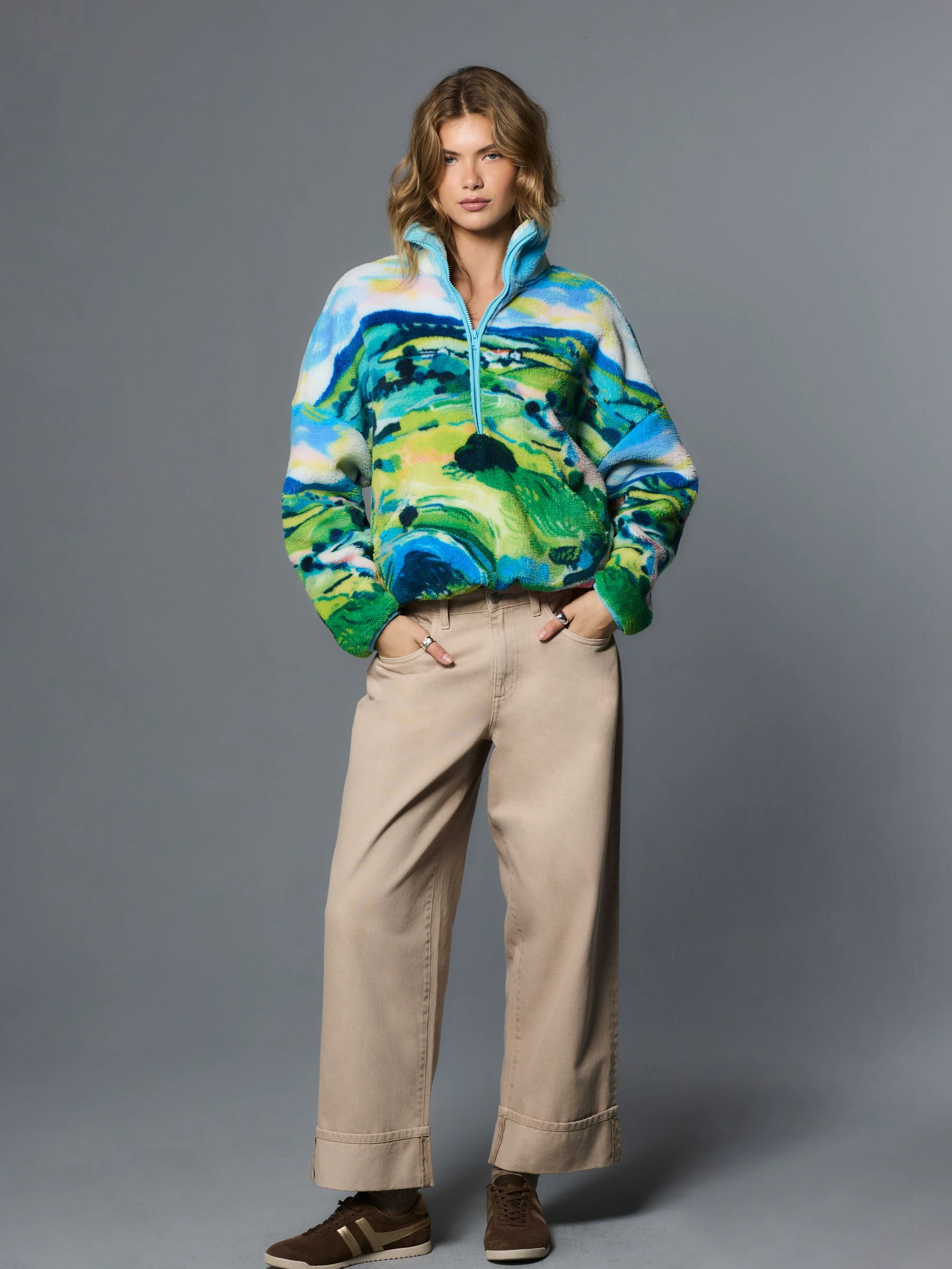 Blue Scenic Print Cosy Teddy Borg Half Zip Jacket