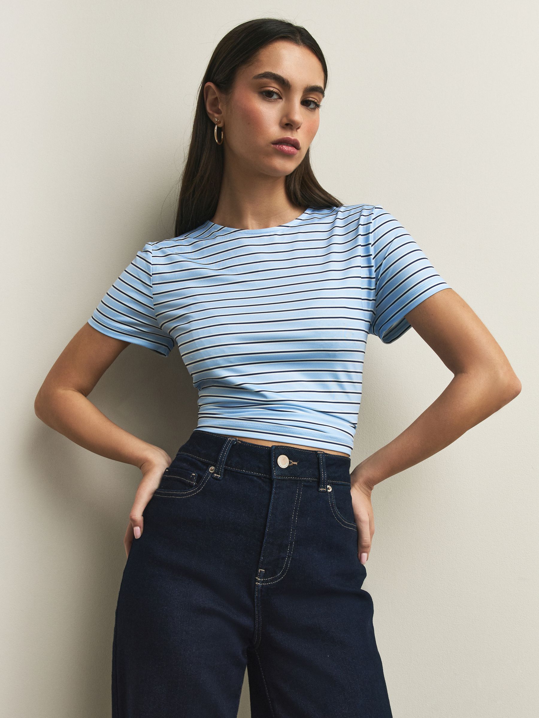 Blue Stripe Soft Touch Slinky Nylon Crew Neck Short Sleeve Top