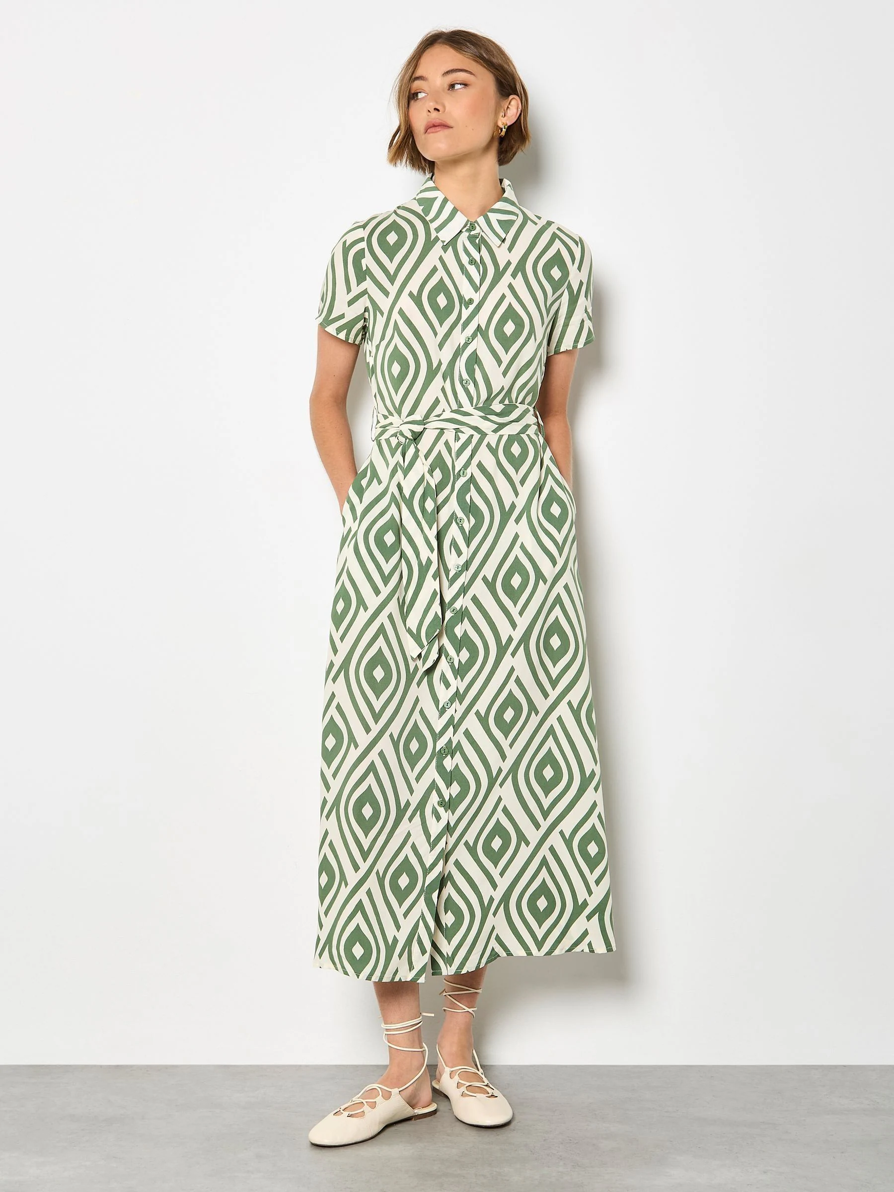 Apricot Green Geo Teardrop Midi Shirt Dress