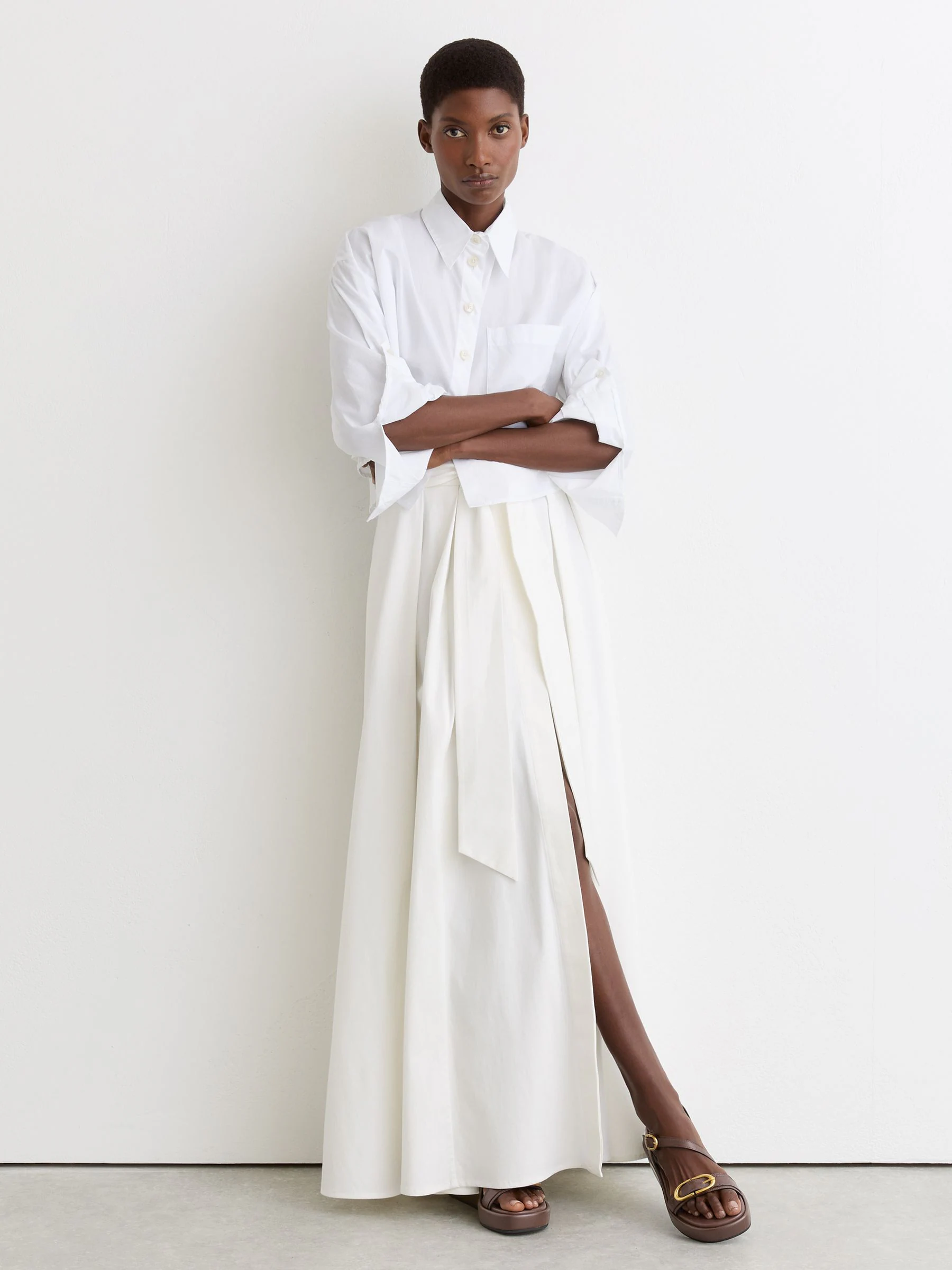 Reiss Chocolate Nyla Leather Double-Buckle Flatform Sandals