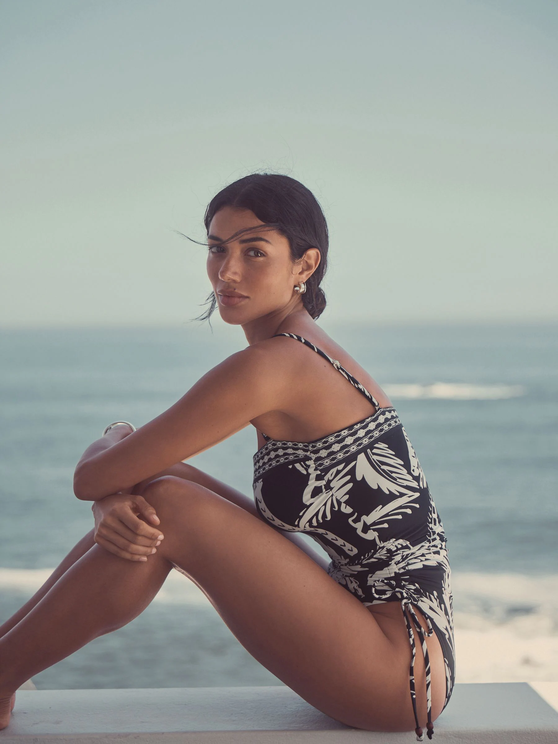 Black/Cream Palm Bandeau Ruched Leg Tummy Control Shaping Swimsuit