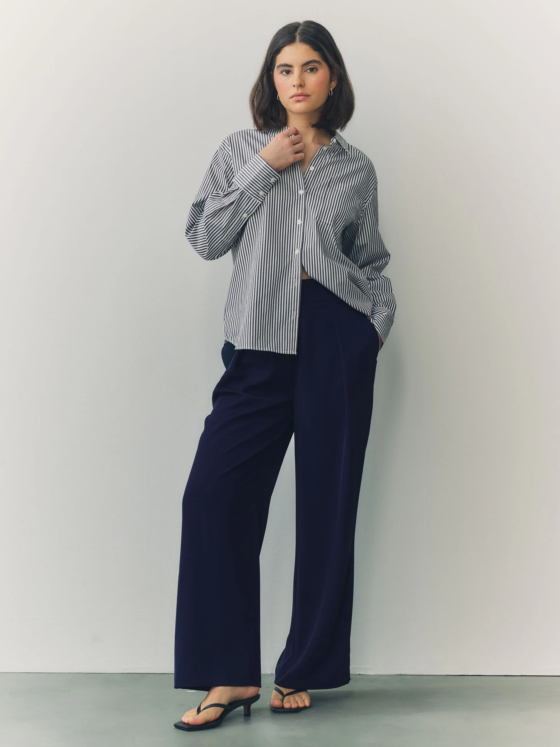 Navy Blue Elastic Back Wide Leg Trousers