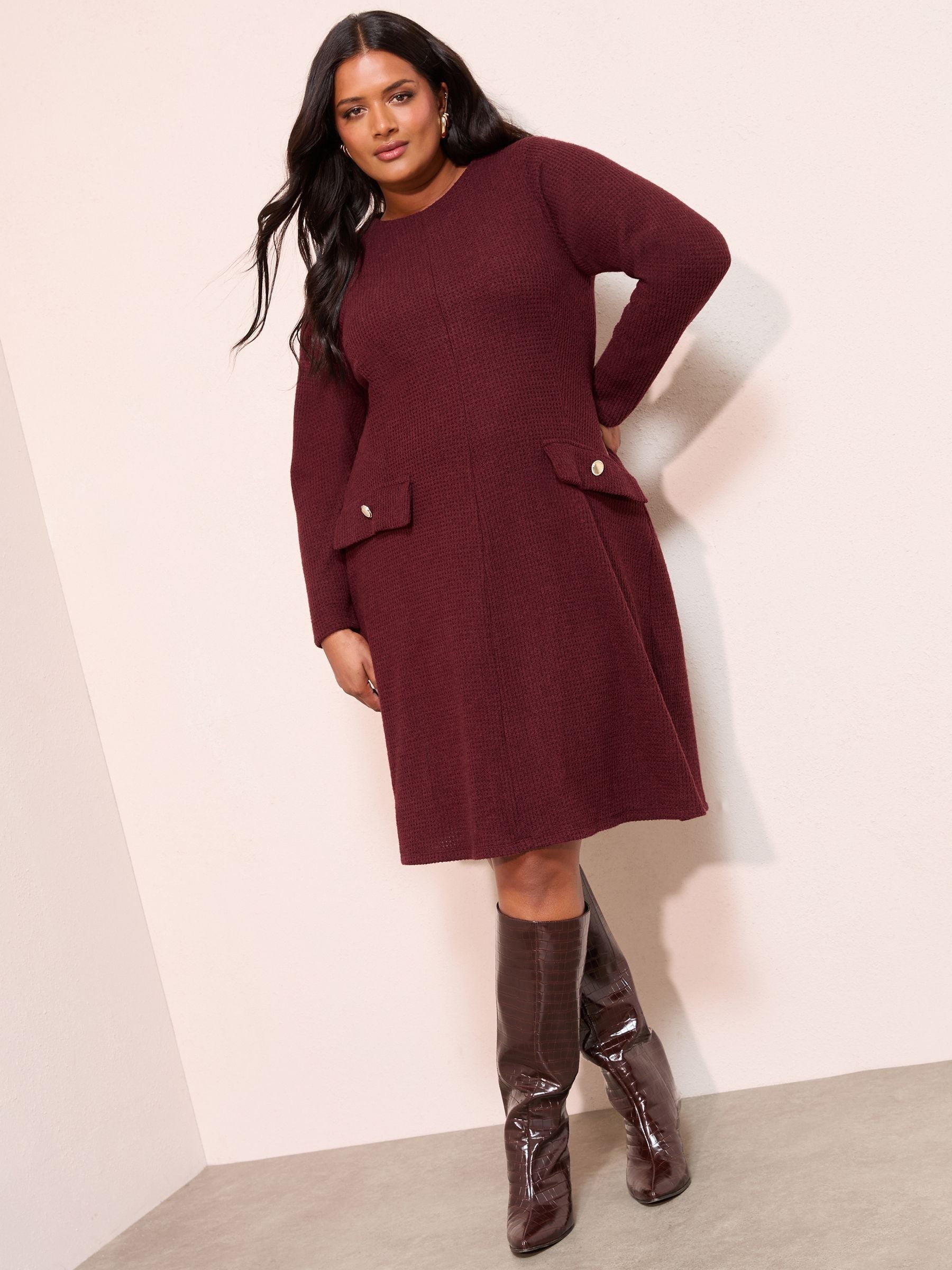 Friends Like These Berry Red Curve Long Sleeve Pocket Detail Cosy Mini Dress