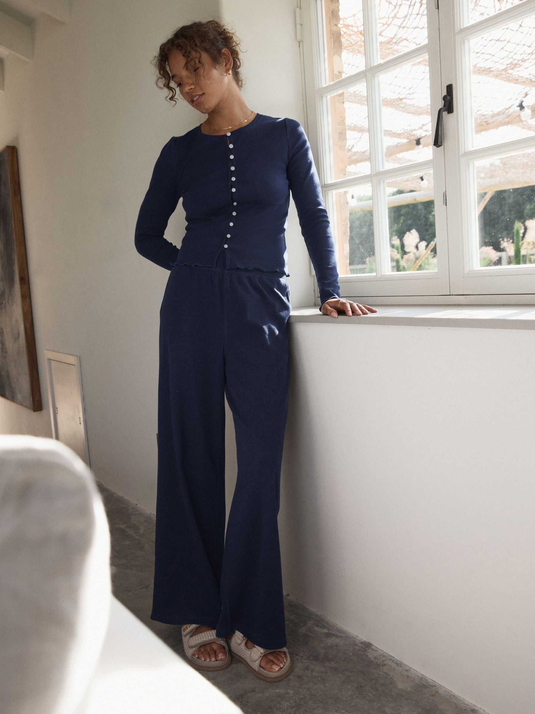 self. Navy Ribbed Button Through Pyjamas