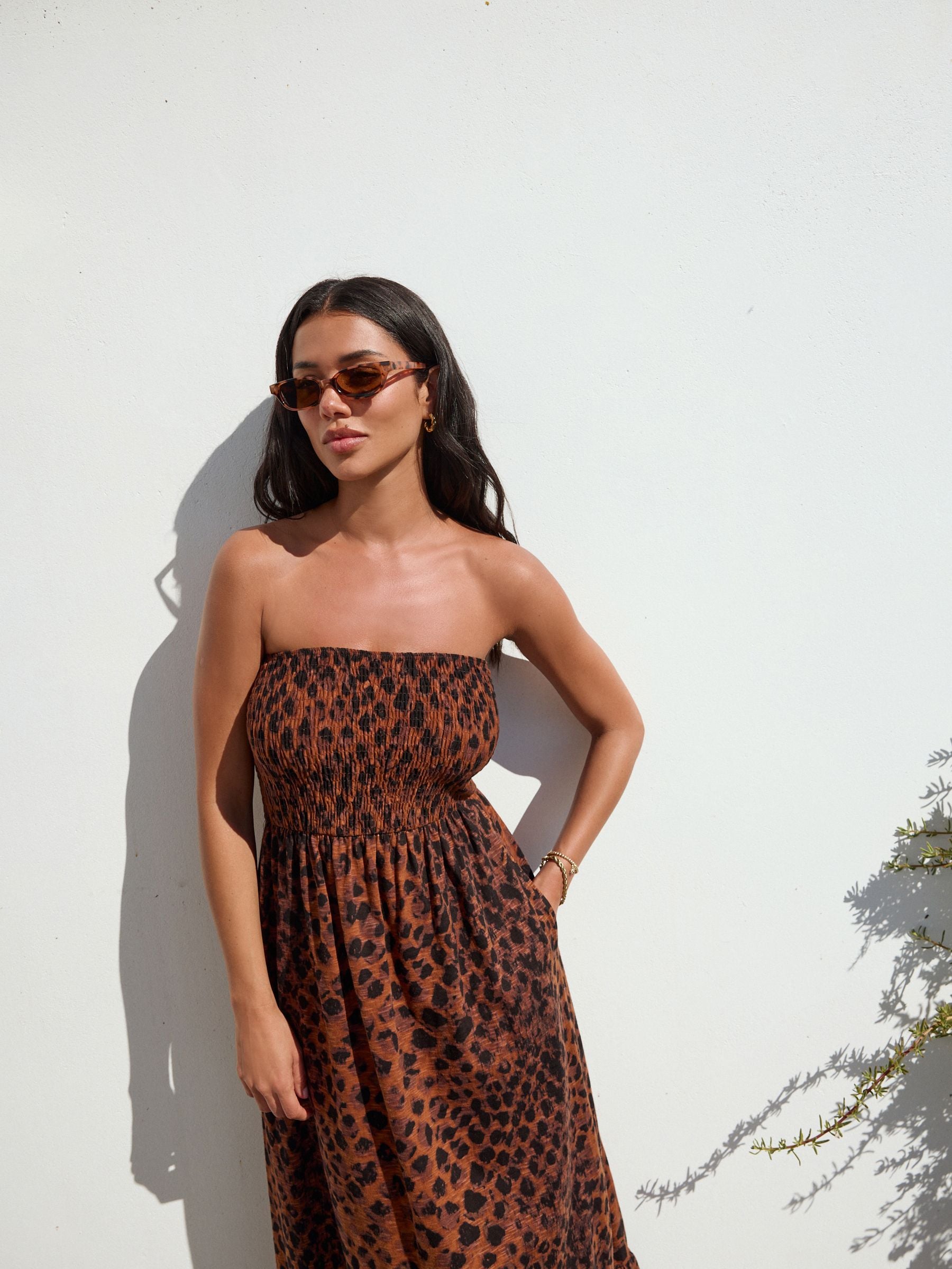 Brown Animal Print Bandeau Frill Summer Midi Dress