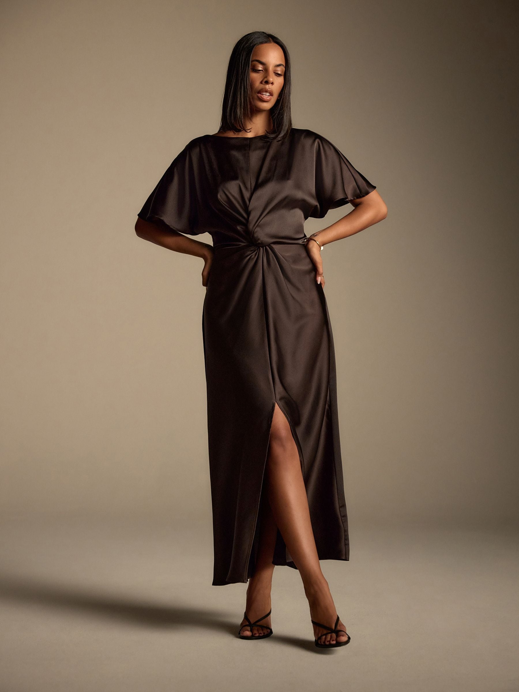 Chocolate Brown Textured Satin Short Sleeve Twist Front Midi Dress