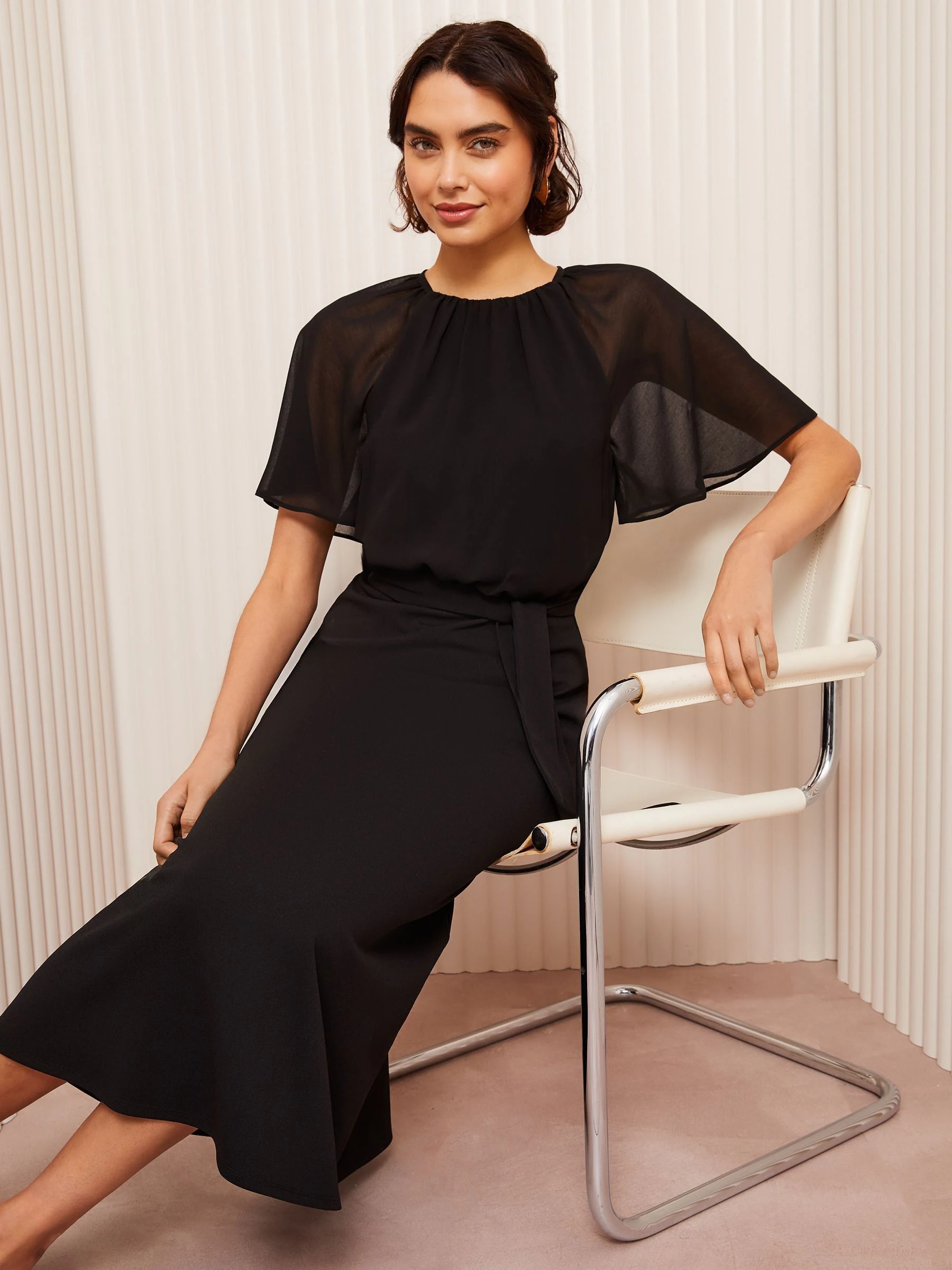 Friends Like These Black Scuba Chiffon Flutter Sleeve Midi Dress