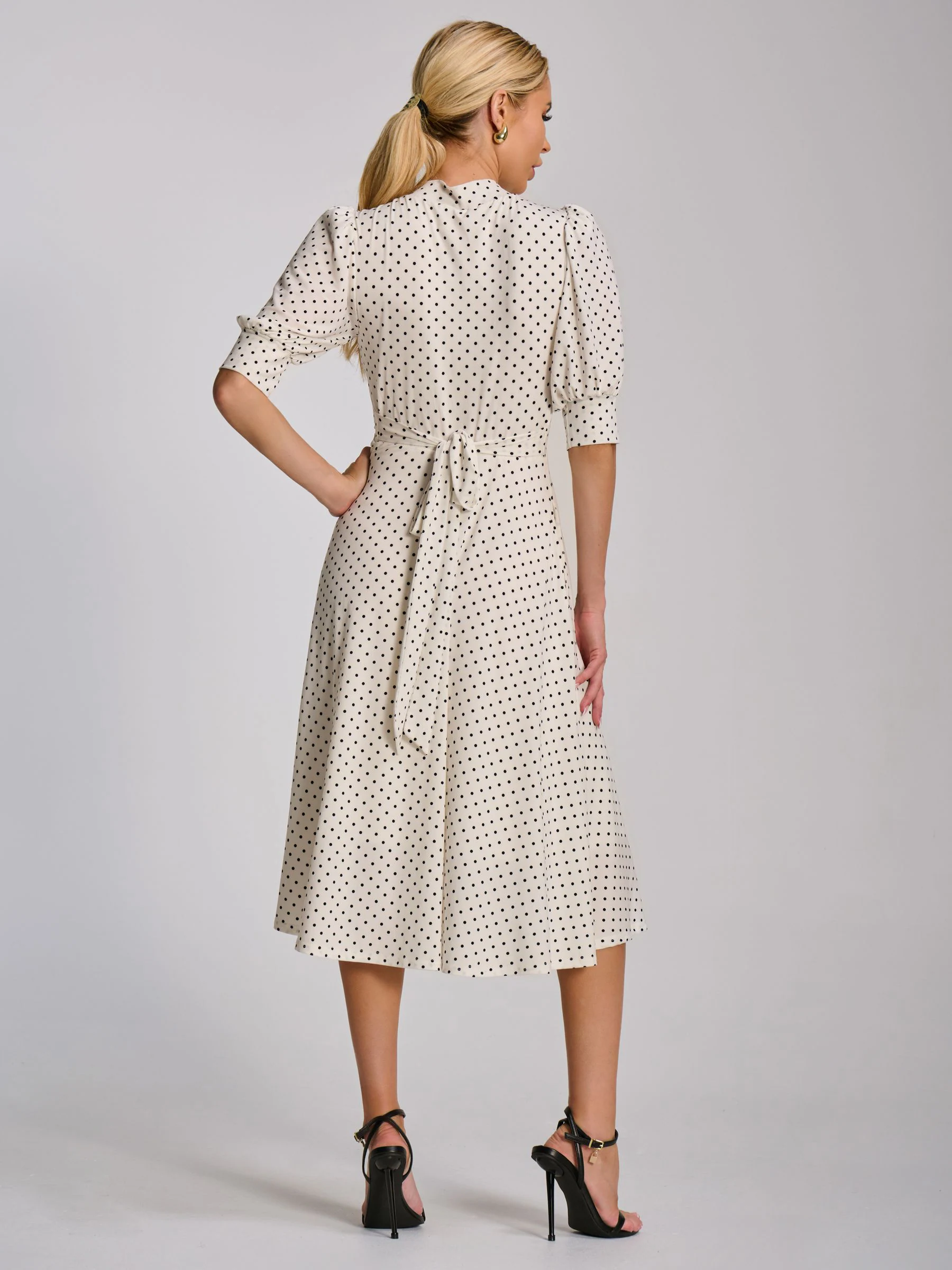 Jolie Moi White Tie Neck Puffy Sleeve Jersey Midi Dress