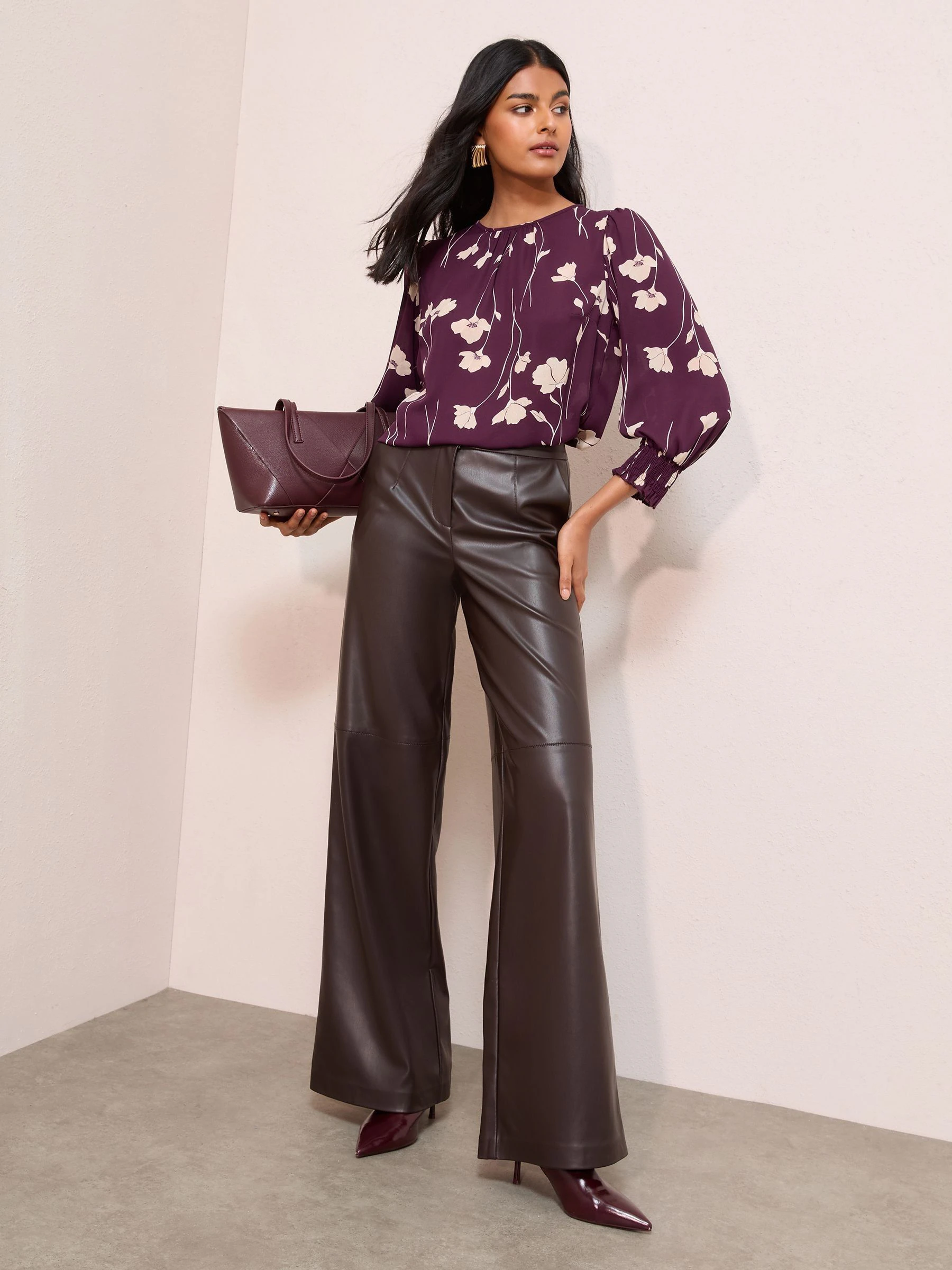 Friends Like These Burgundy Floral Print 3/4 Sleeve Shirred Cuff Blouse