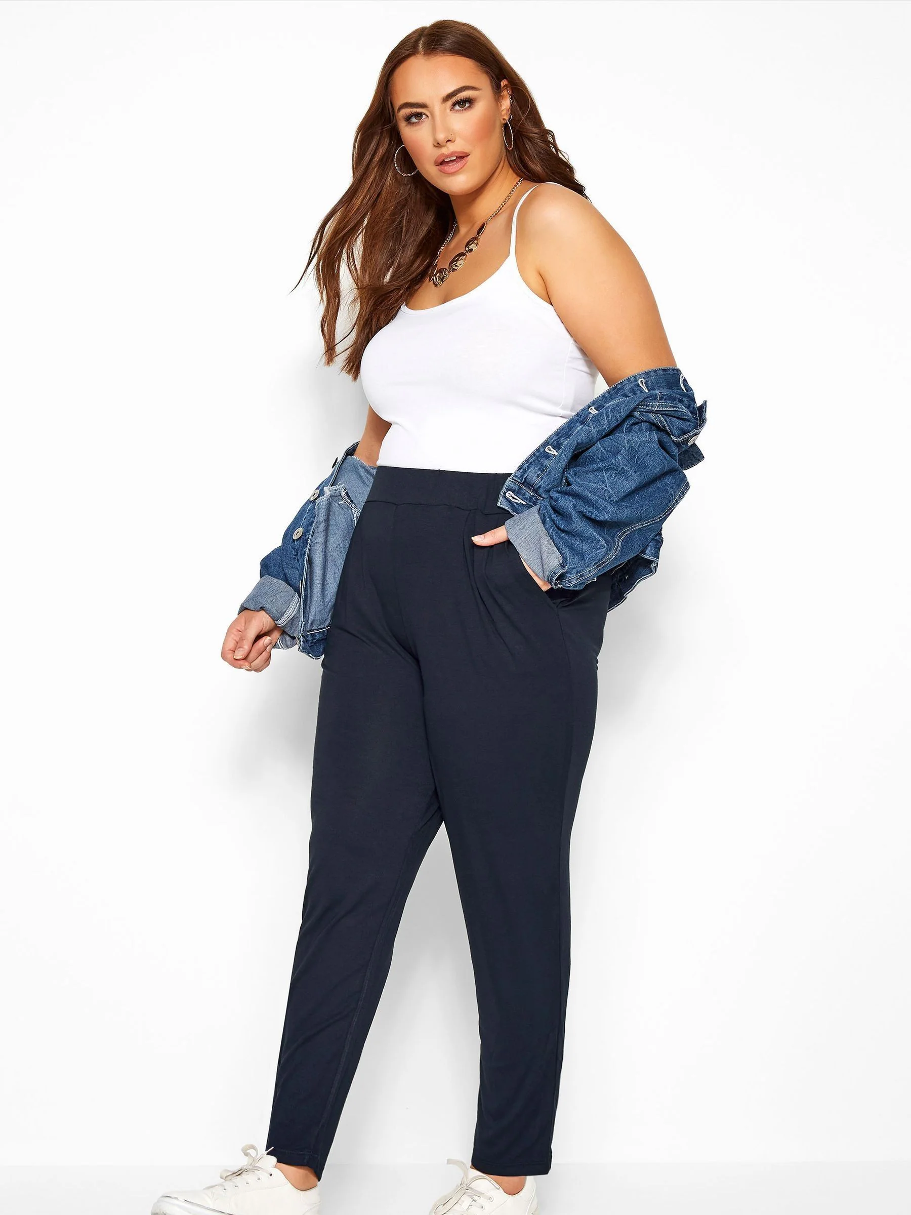 Yours Curve Blue Double Pleat Stretch Jersey Joggers