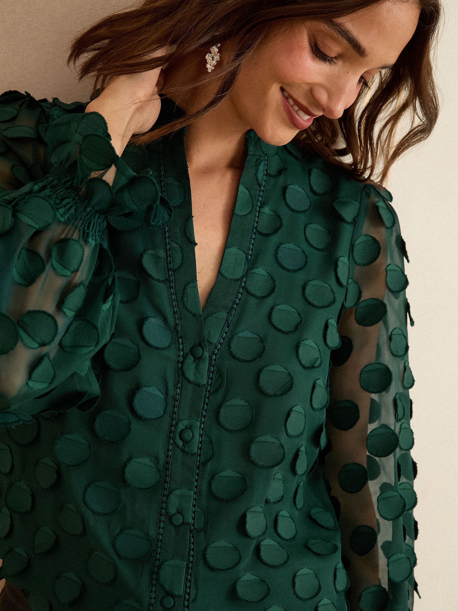 Love & Roses Dark Green 3D Spot Long Sleeve Blouse