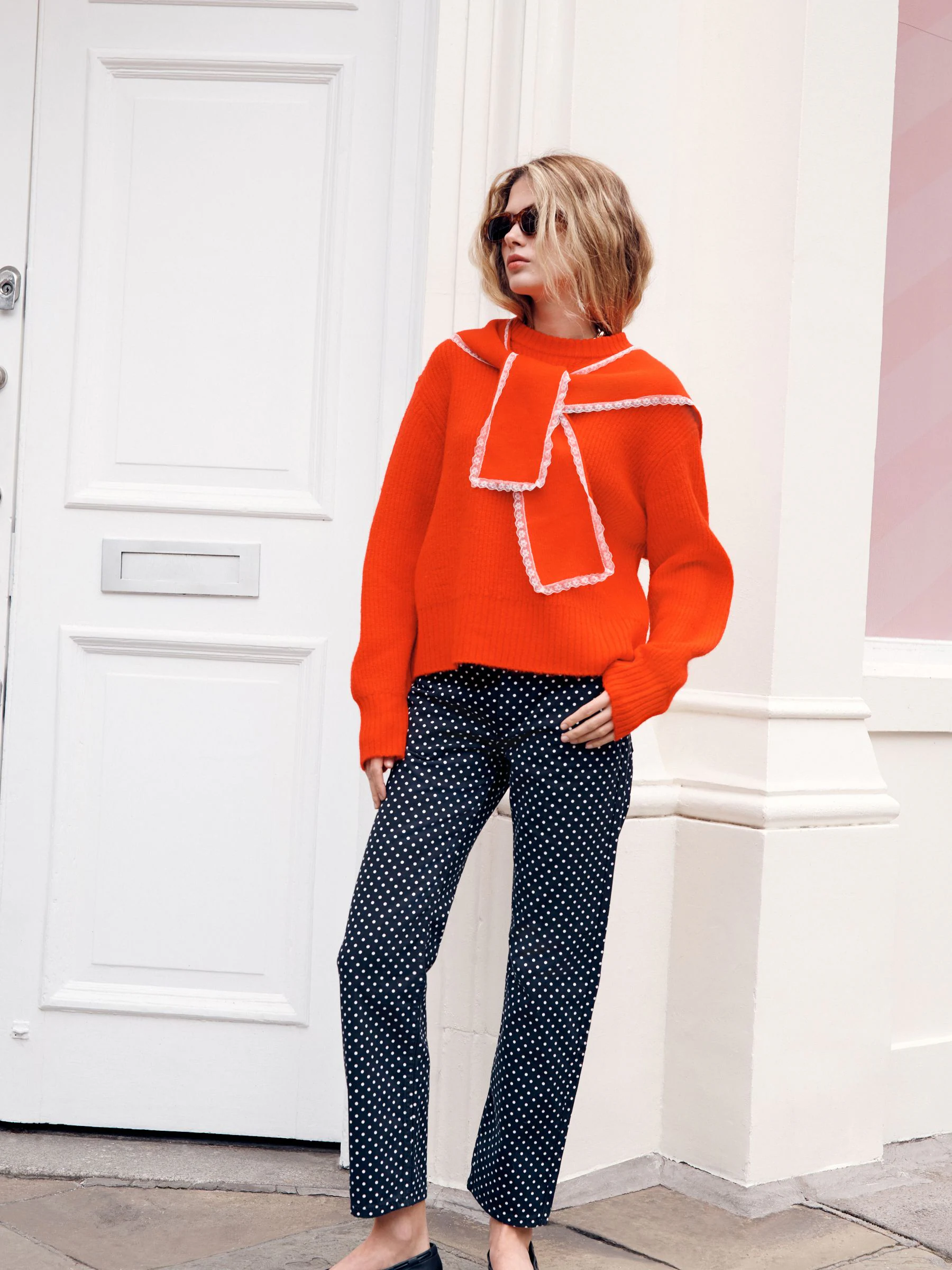 Red Scarf Layer Lace Trim Knitted Jumper