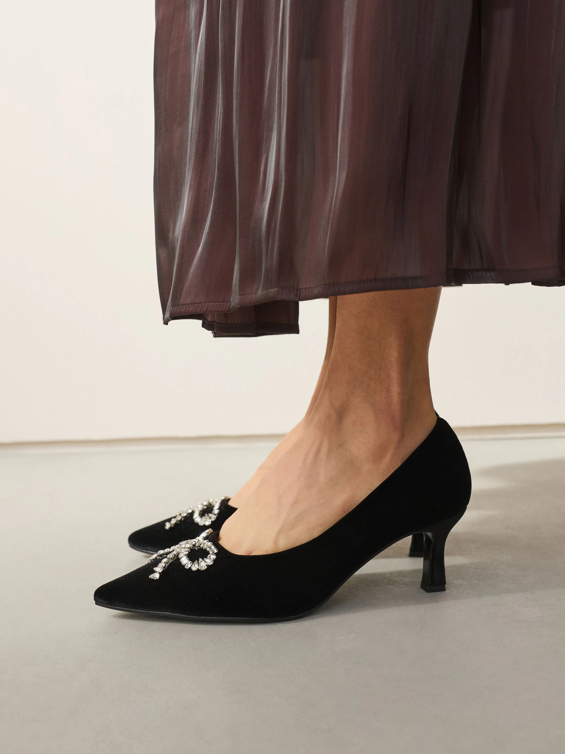 Black Velvet Forever Comfort Pointed Toe Jewelled Bow Court Heels