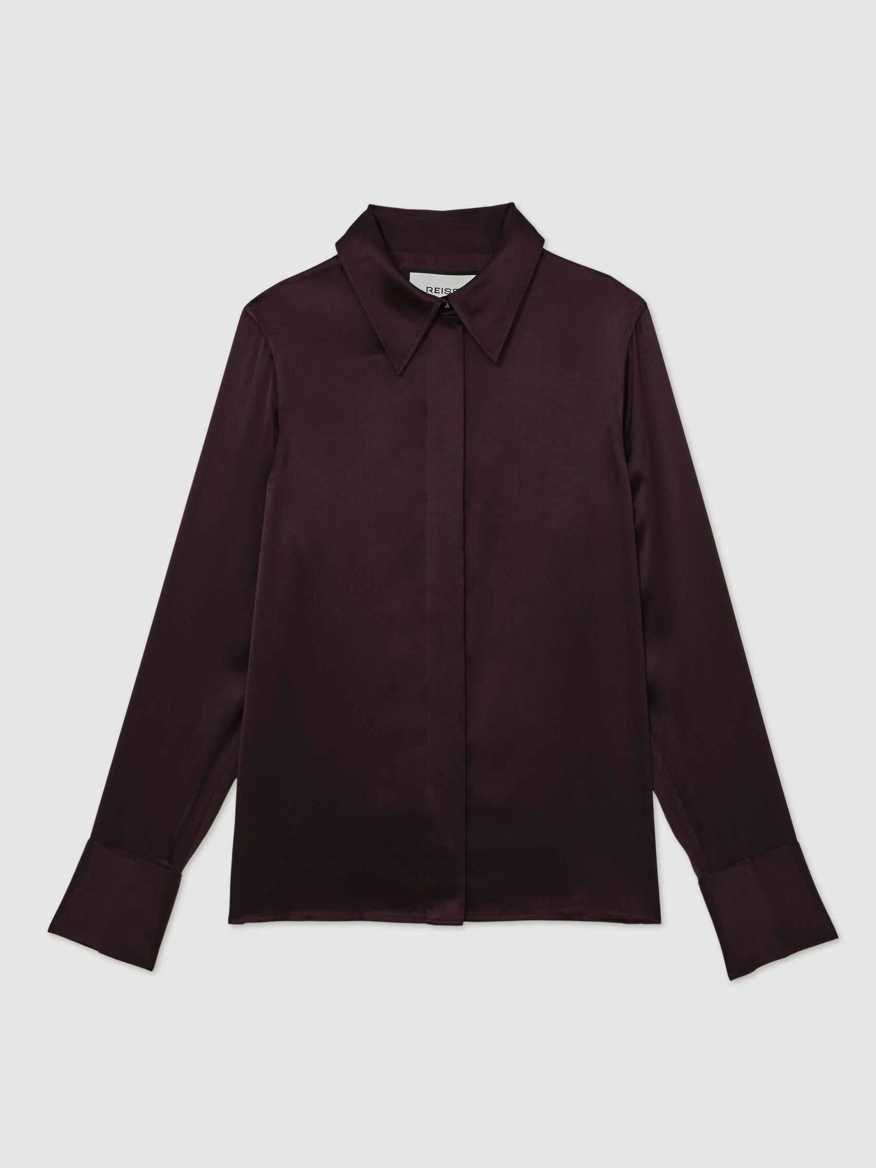 Reiss Burgundy Ameira Silk-Satin Concealed-Placket Shirt