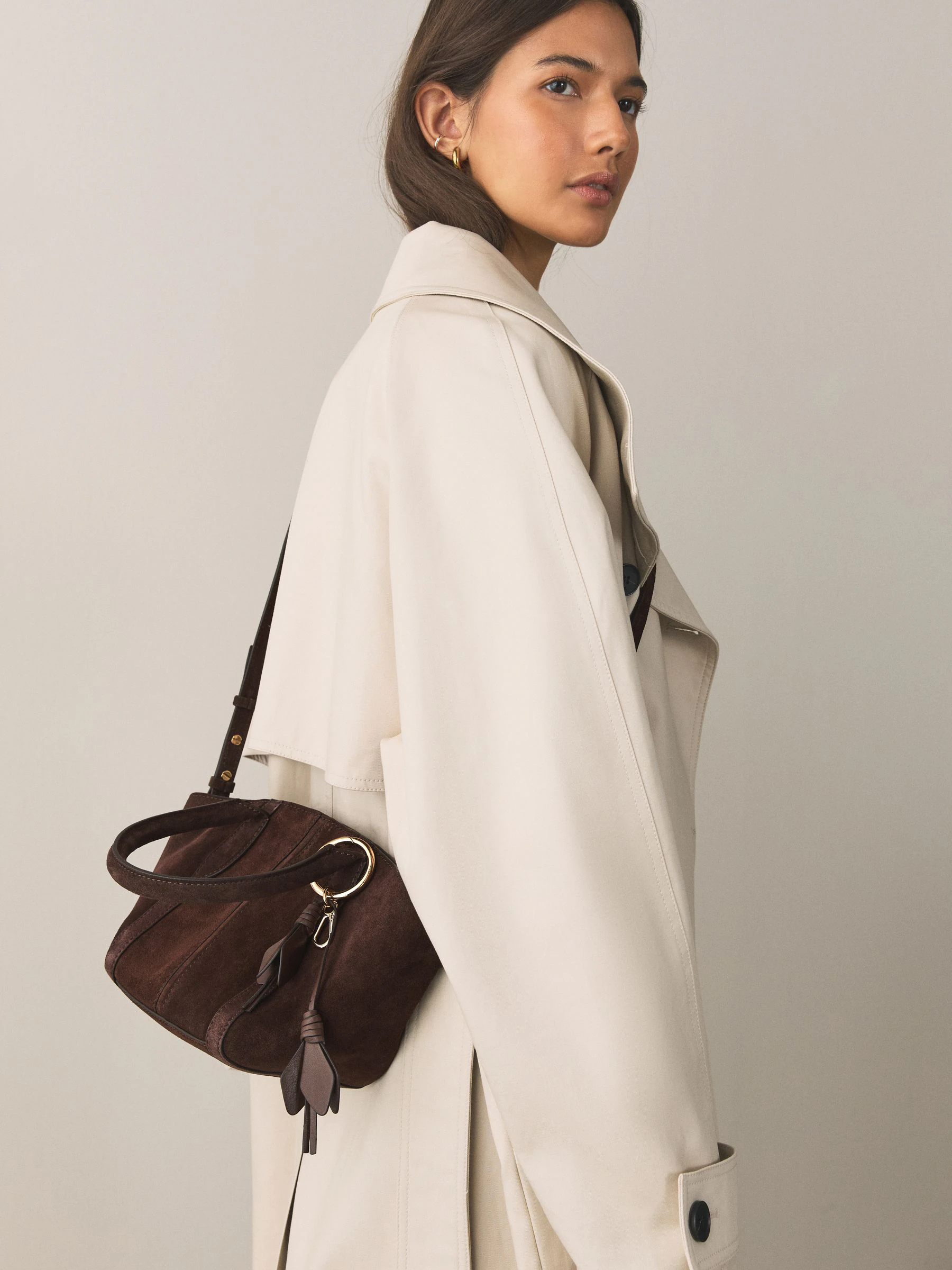 Chocolate Brown Suede Flower Charm Cross-Body Bag