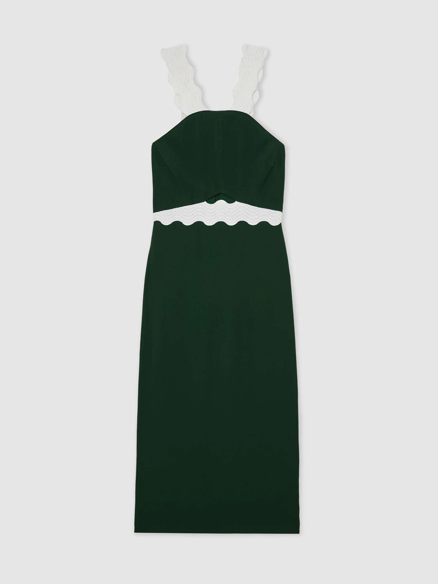Reiss Dark Green/Ivory Dillon Contrast Wave-Trim Fitted Midi Dress