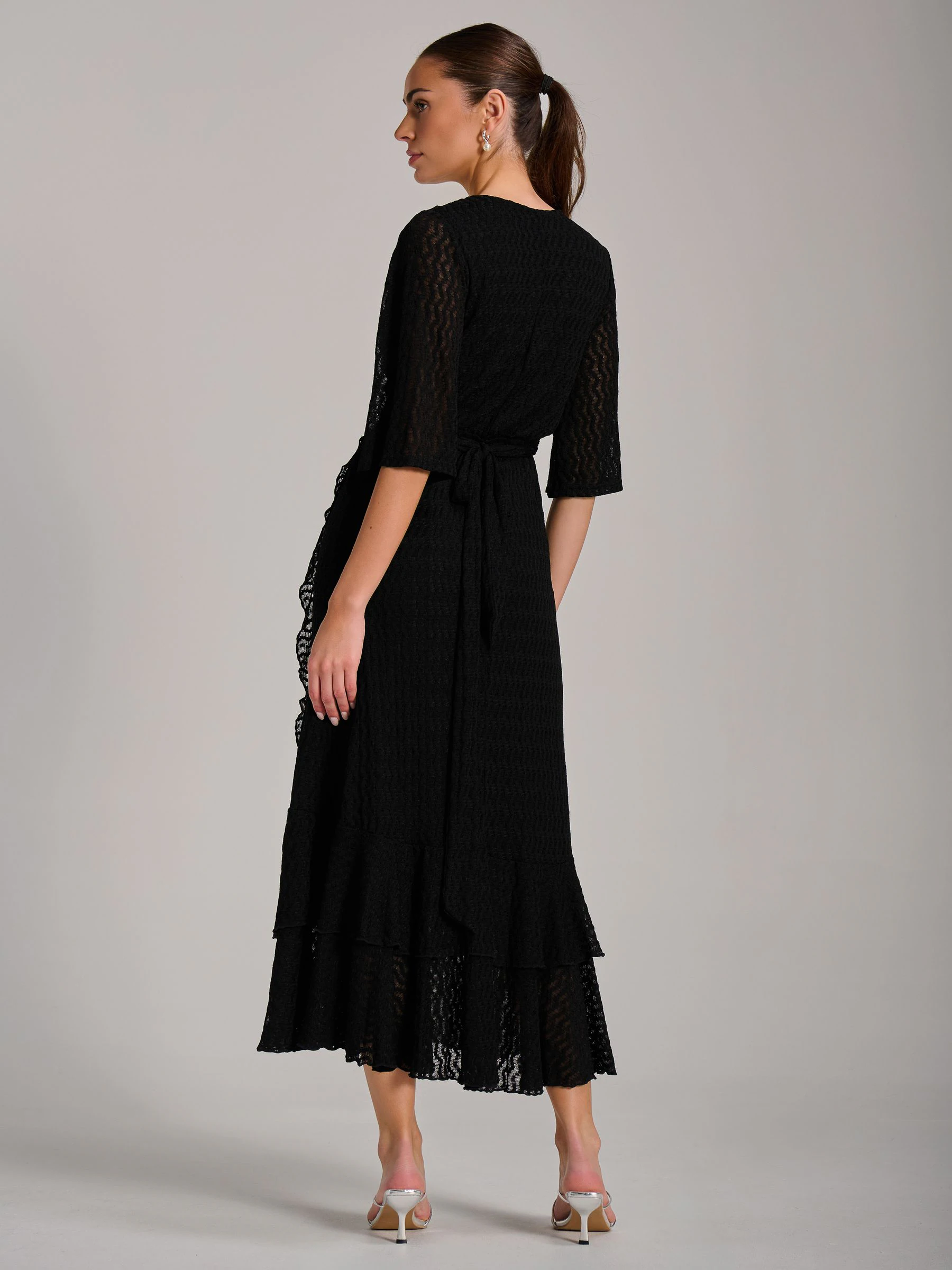 Jolie Moi Black Textured Ruffle Hem Knitted Maxi Dress