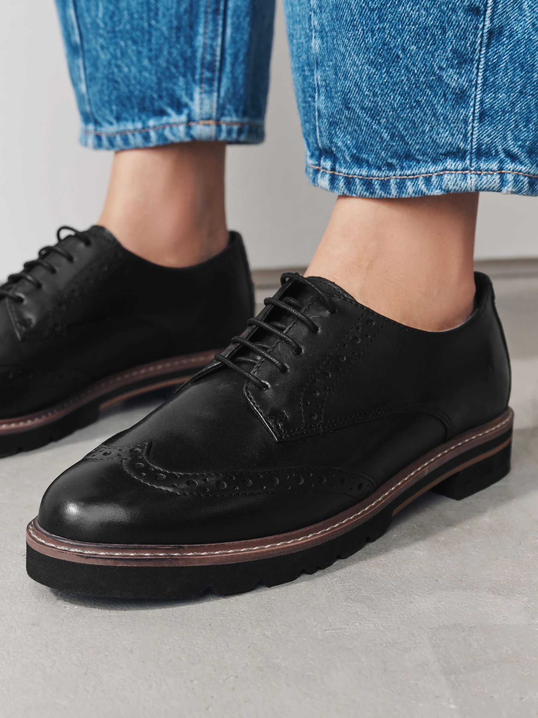 Black Forever Comfort® Leather Brogue Detailing Chunky Sole Lace-Up Shoes