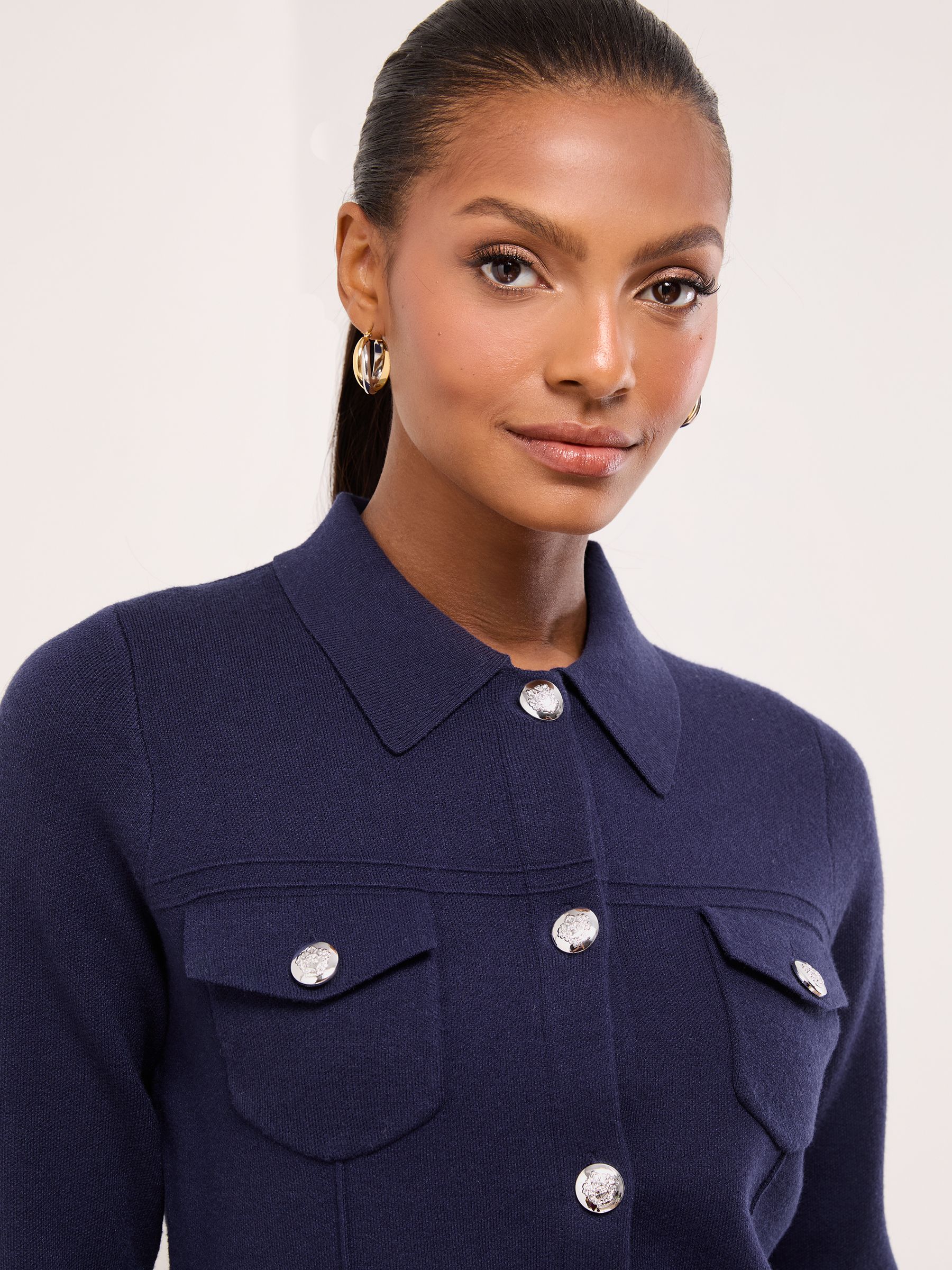 Lipsy Navy Blue Collared Military Long Sleeve Knitted Cardigan Jacket With Pockets