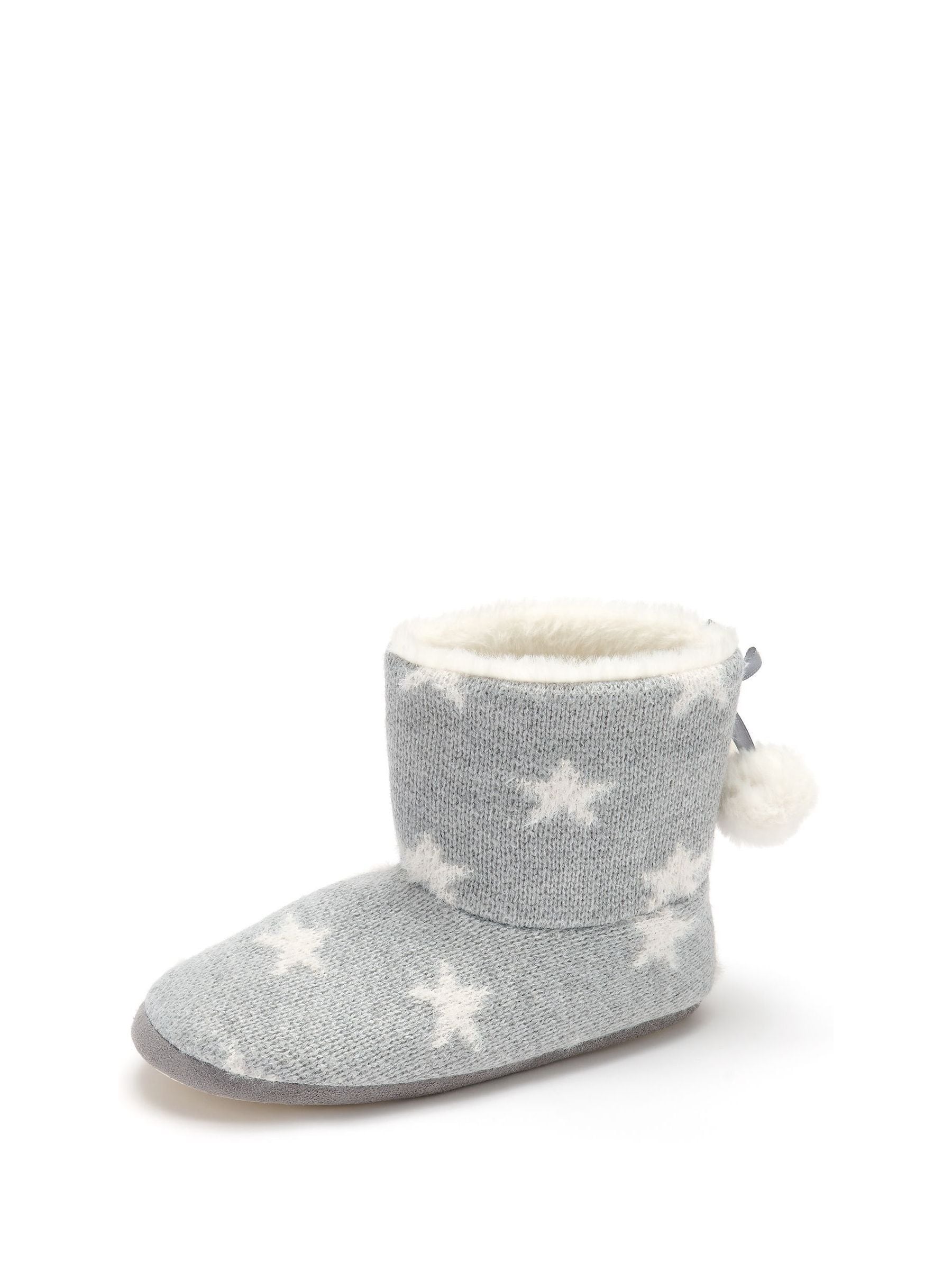Pour Moi Grey Star Knit Faux Fur Lined Bootie Slippers