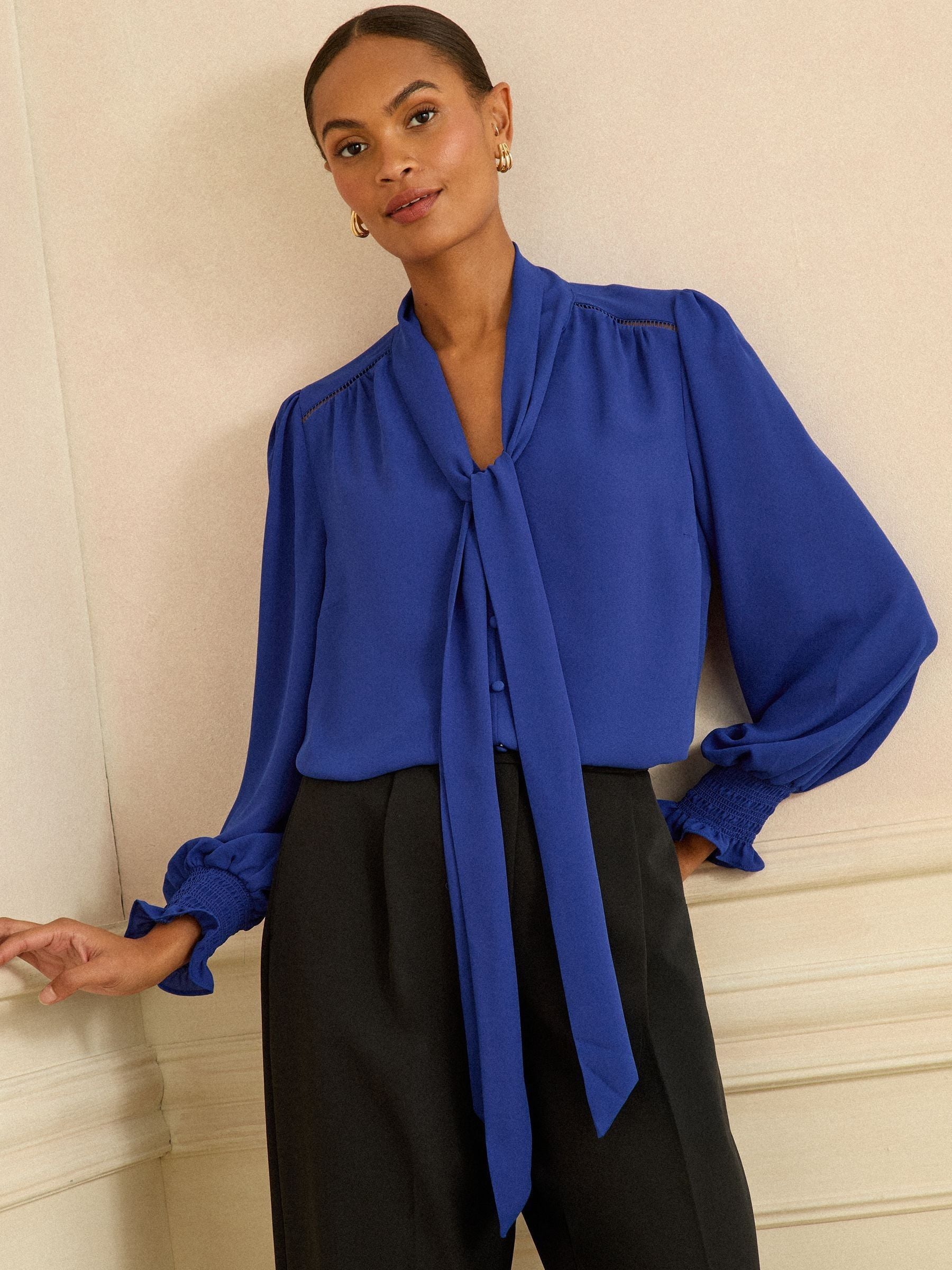 Love & Roses Cobalt Blue Long Sleeve Pussybow Blouse