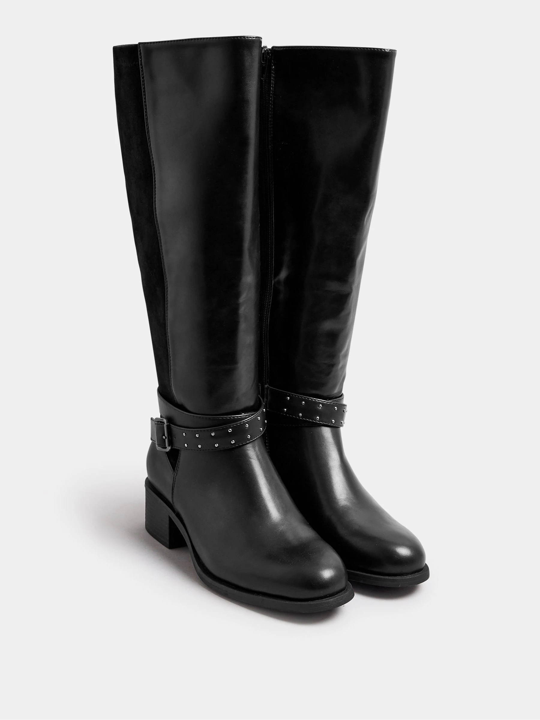 Yours Curve Black Extra Wide Fit Block Heel Metal Strap Boots