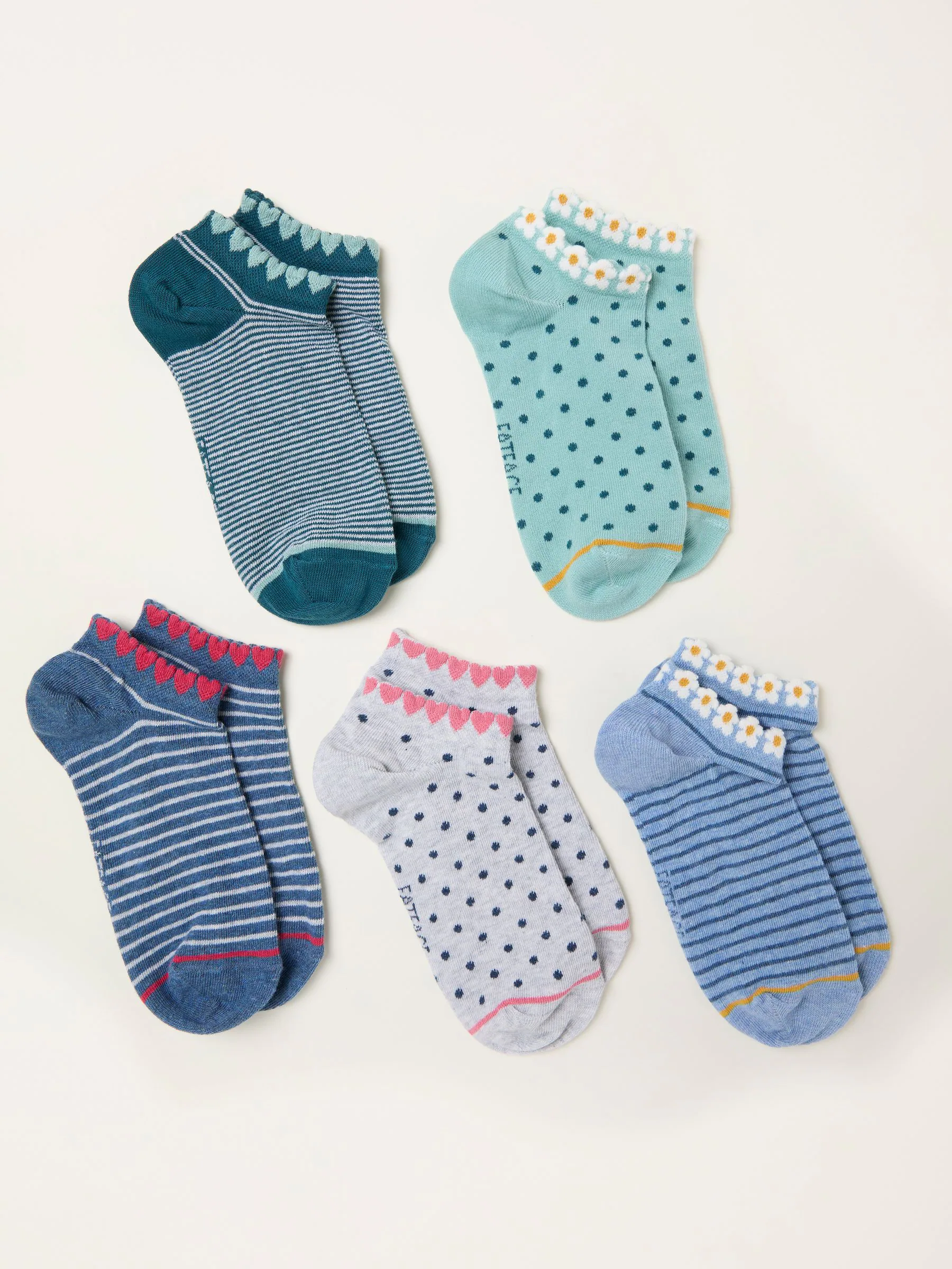 FatFace Blue Spot and Stripe 5 Pairs of Trainer Socks