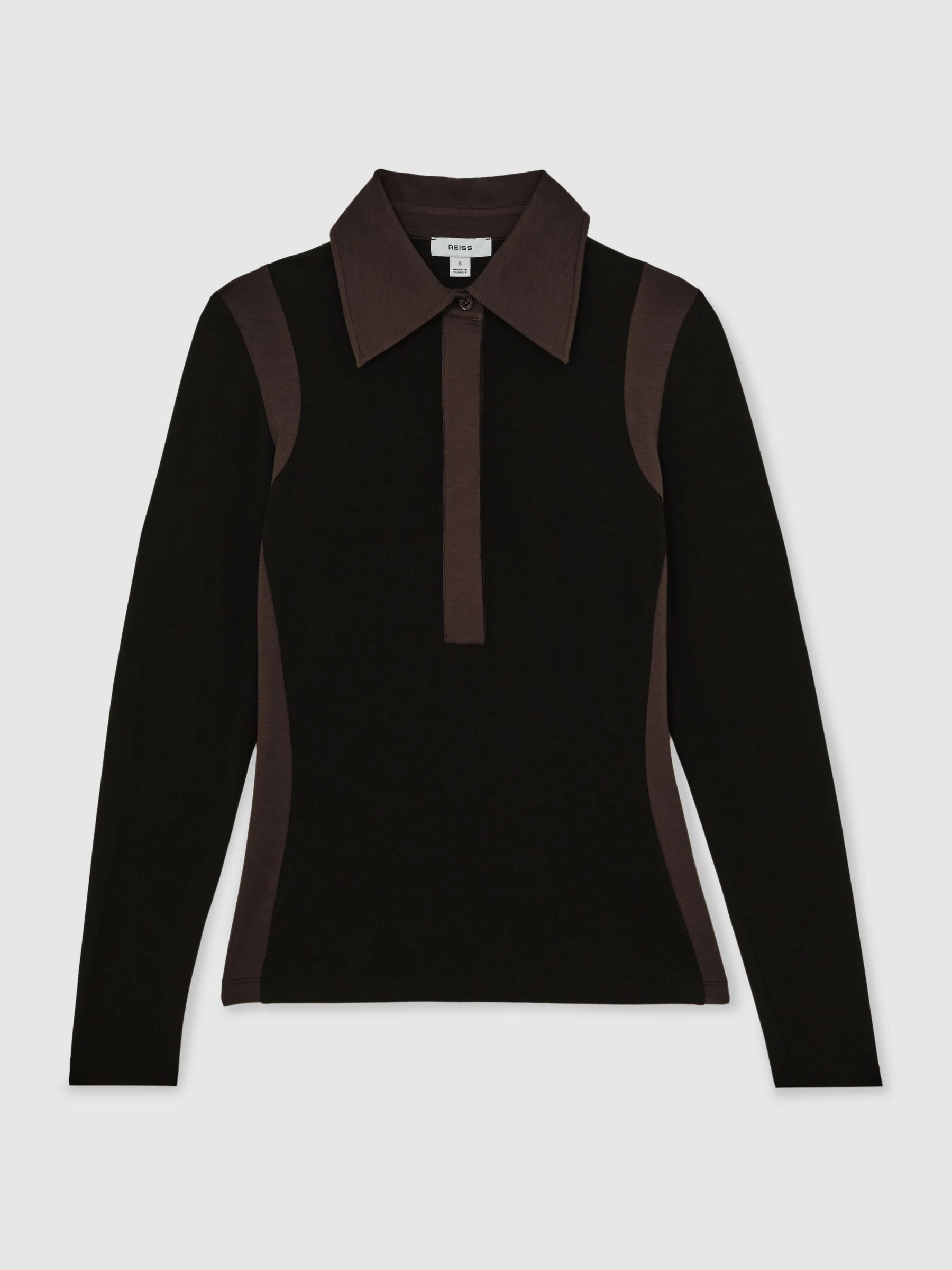 Reiss Black/Chocolate Brown Denise Jersey Colour-Block Collared Shirt