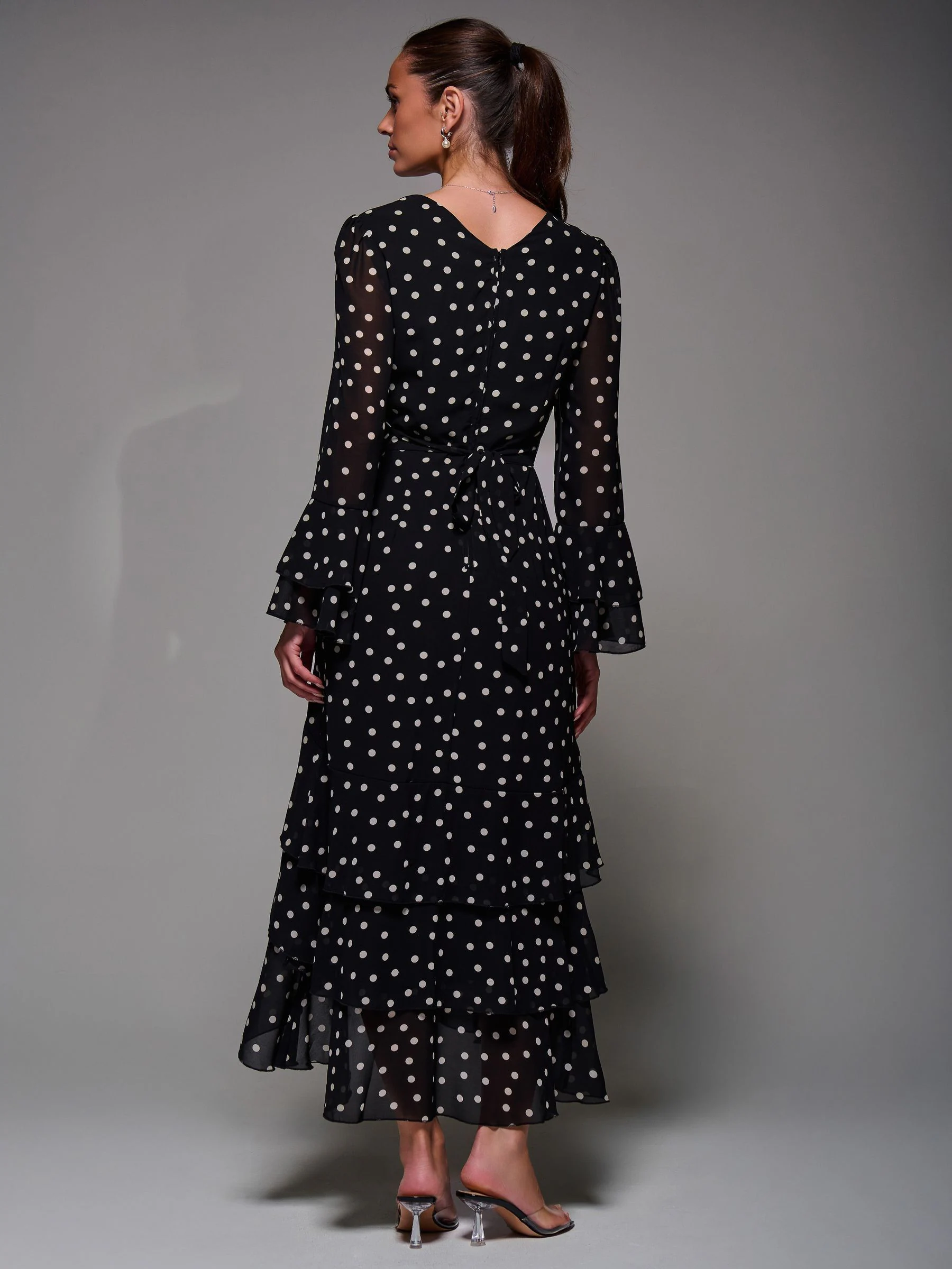 Jolie Moi Black Ruffled Long Sleeve Tiered Chiffon Midaxi Dress