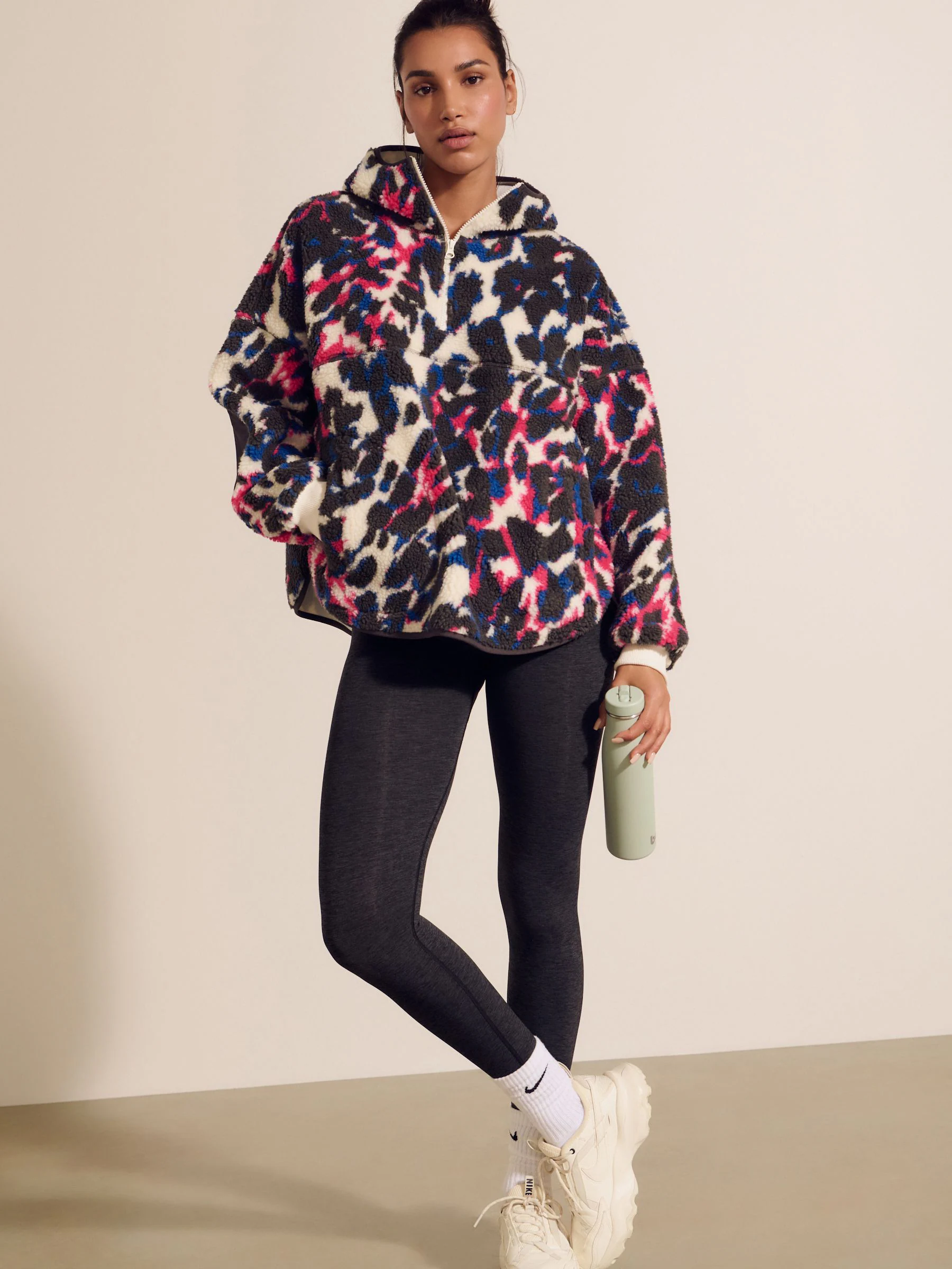 Multi Animal Print Hooded Elbow Patch Borg Fleece Jacket