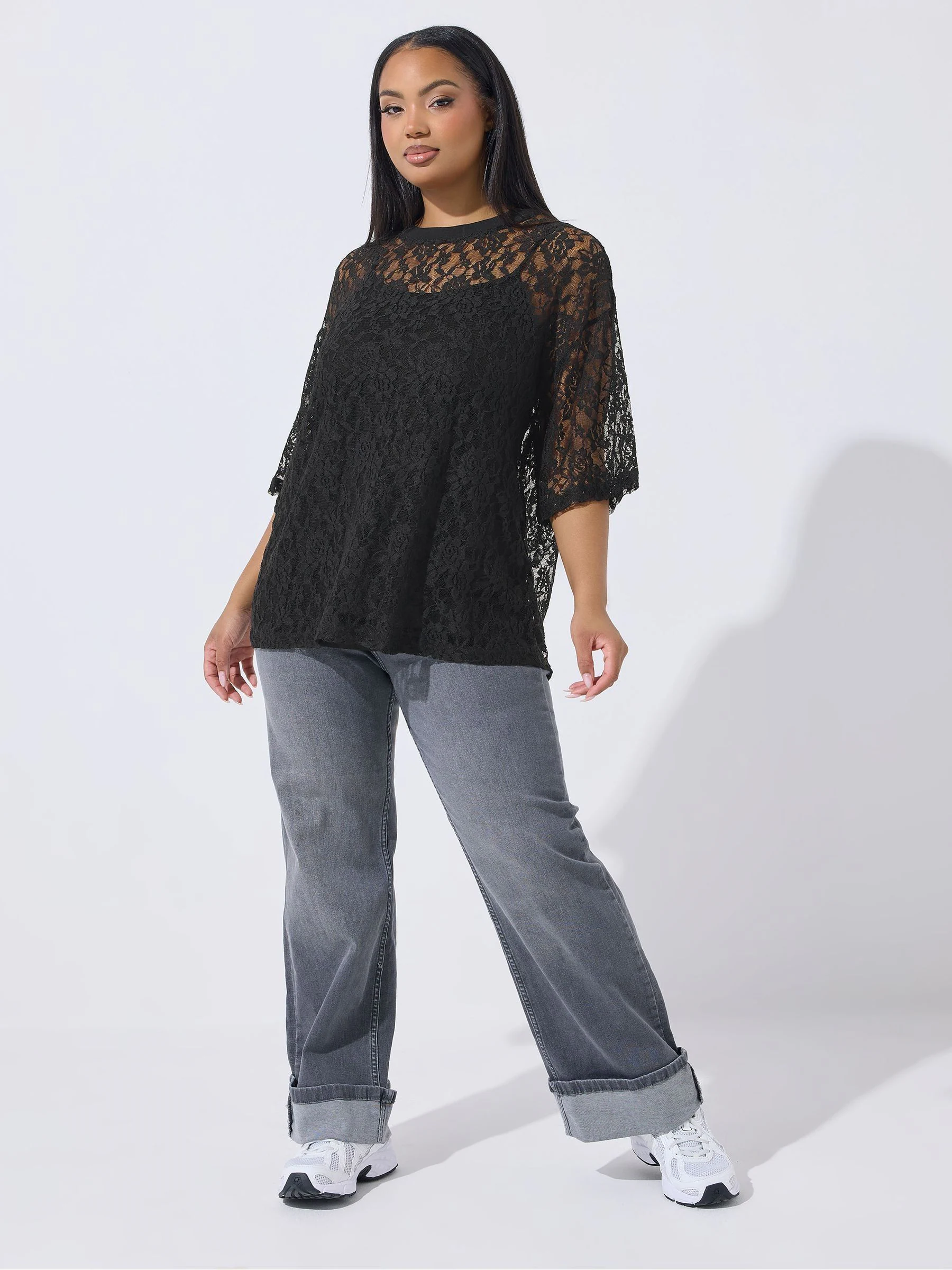 Yours Curve Black Limited All Over Lace T-Shirt