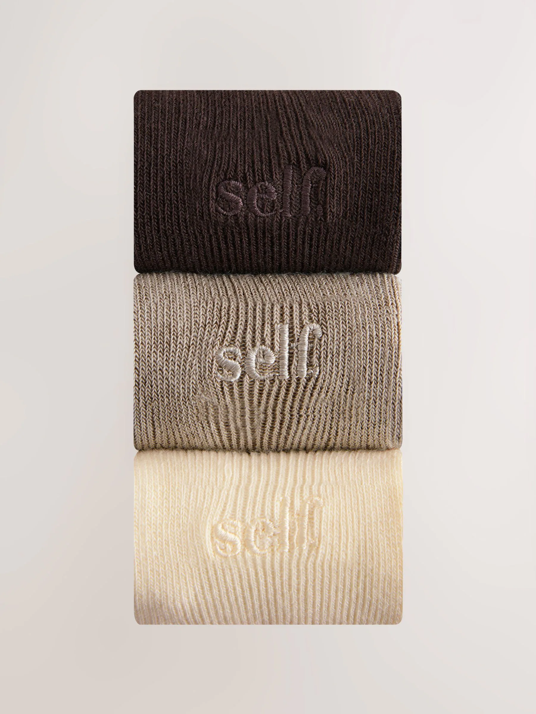 self. Neutral/Cream/Chocolate Lettuce Welt Embroidered Ankle Socks 3 Pack